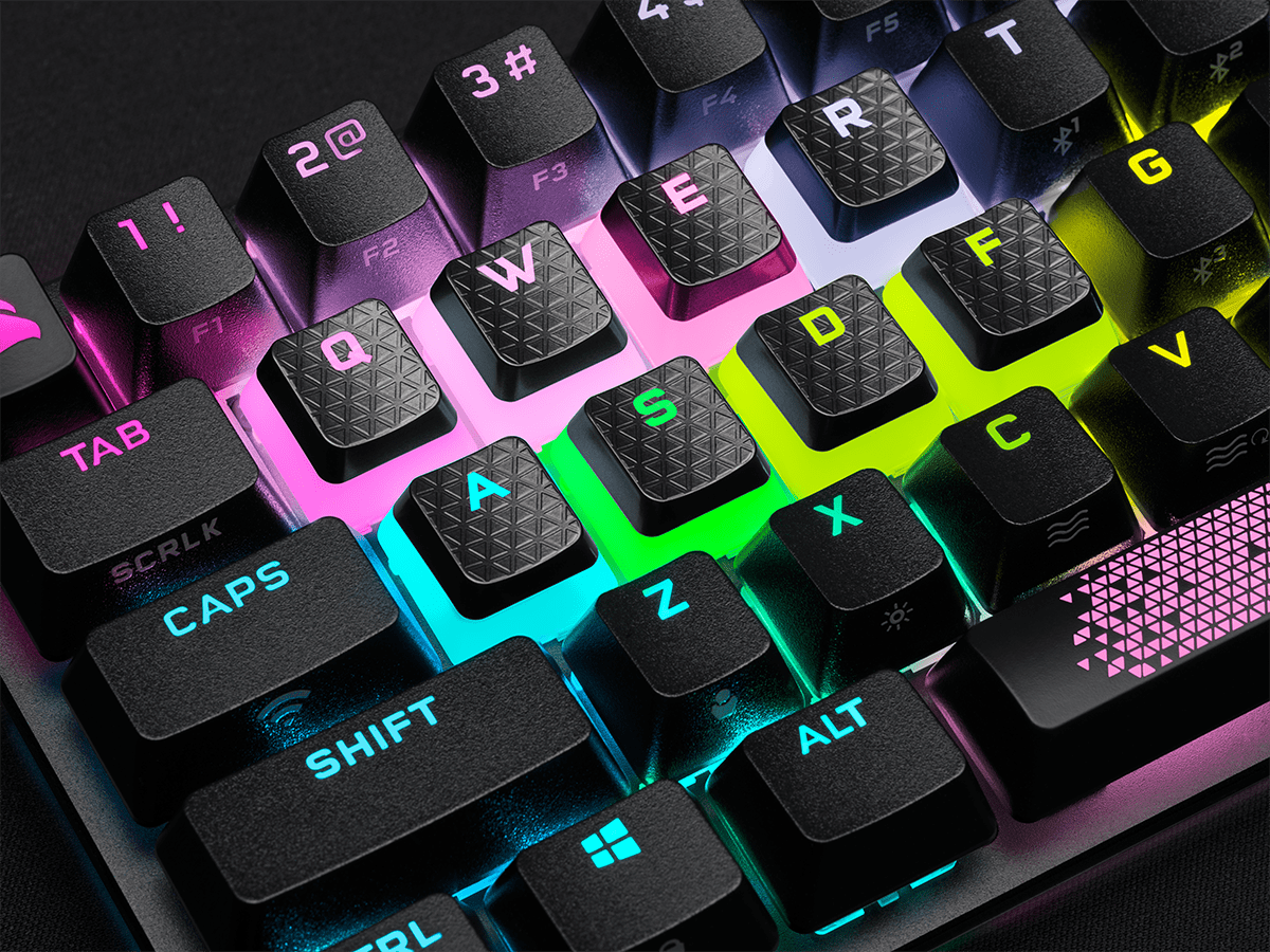 A close-up shot of the FPS MOBA Keycaps on the CORSAIR gaming keyboard.