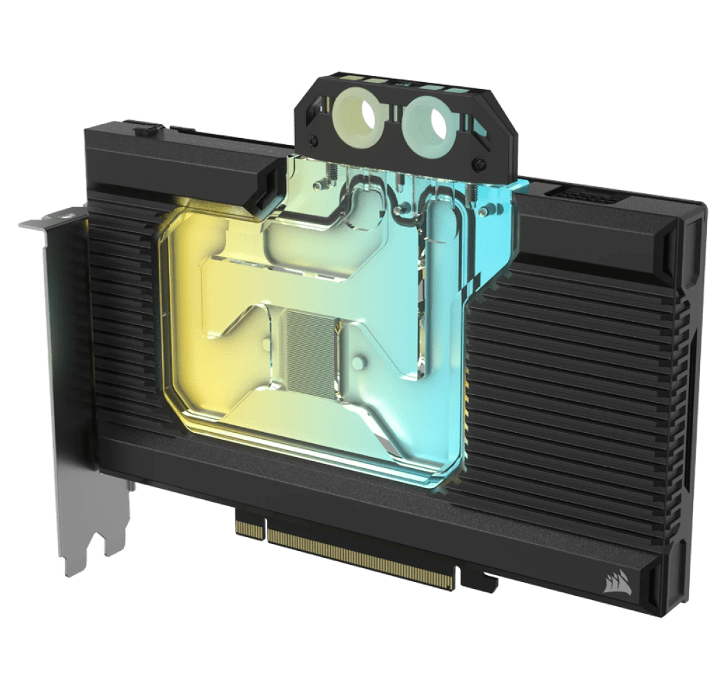 PC custom liquid cooling GPU water block, black metal and acrylic, frontal view with RGB lighting.