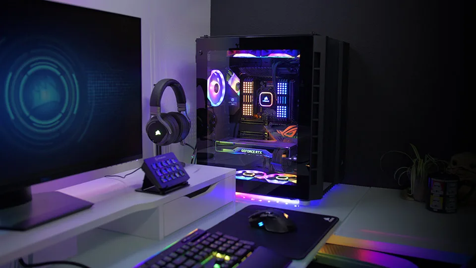 A Corsair PC configuration with iconed lighting