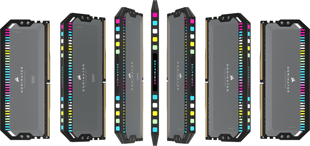Memorias DOMINATOR PLATINUM RGB DDR5 DRAM para placas base compatibles con AMD AM5 dispuestas en un patrón
