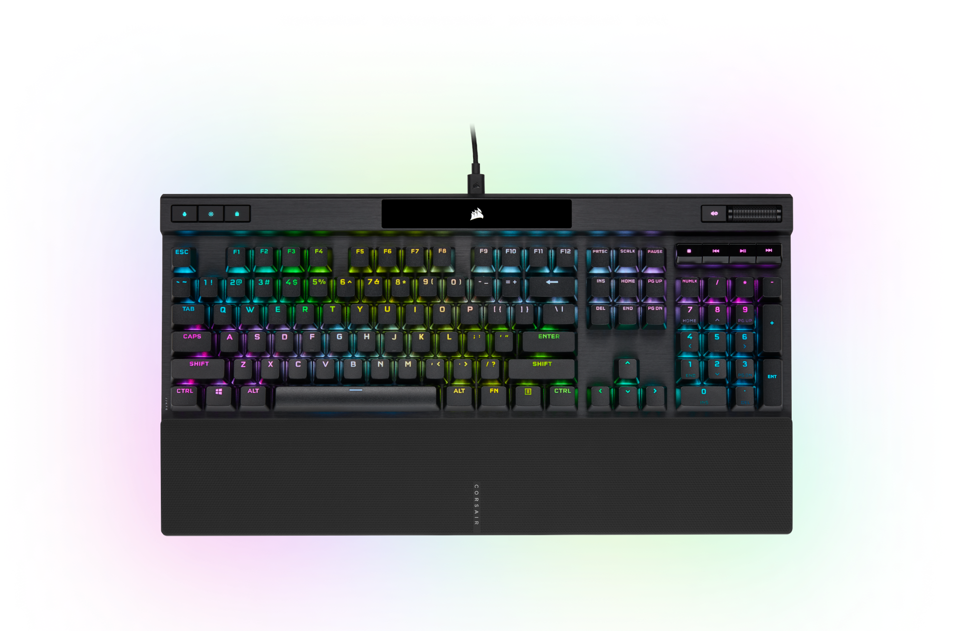 Vogelperspektivenansicht der mechanischen Gaming-Tastatur CORSAIR K70 RGB PRO mit eingeschalteter RGB-Beleuchtung.