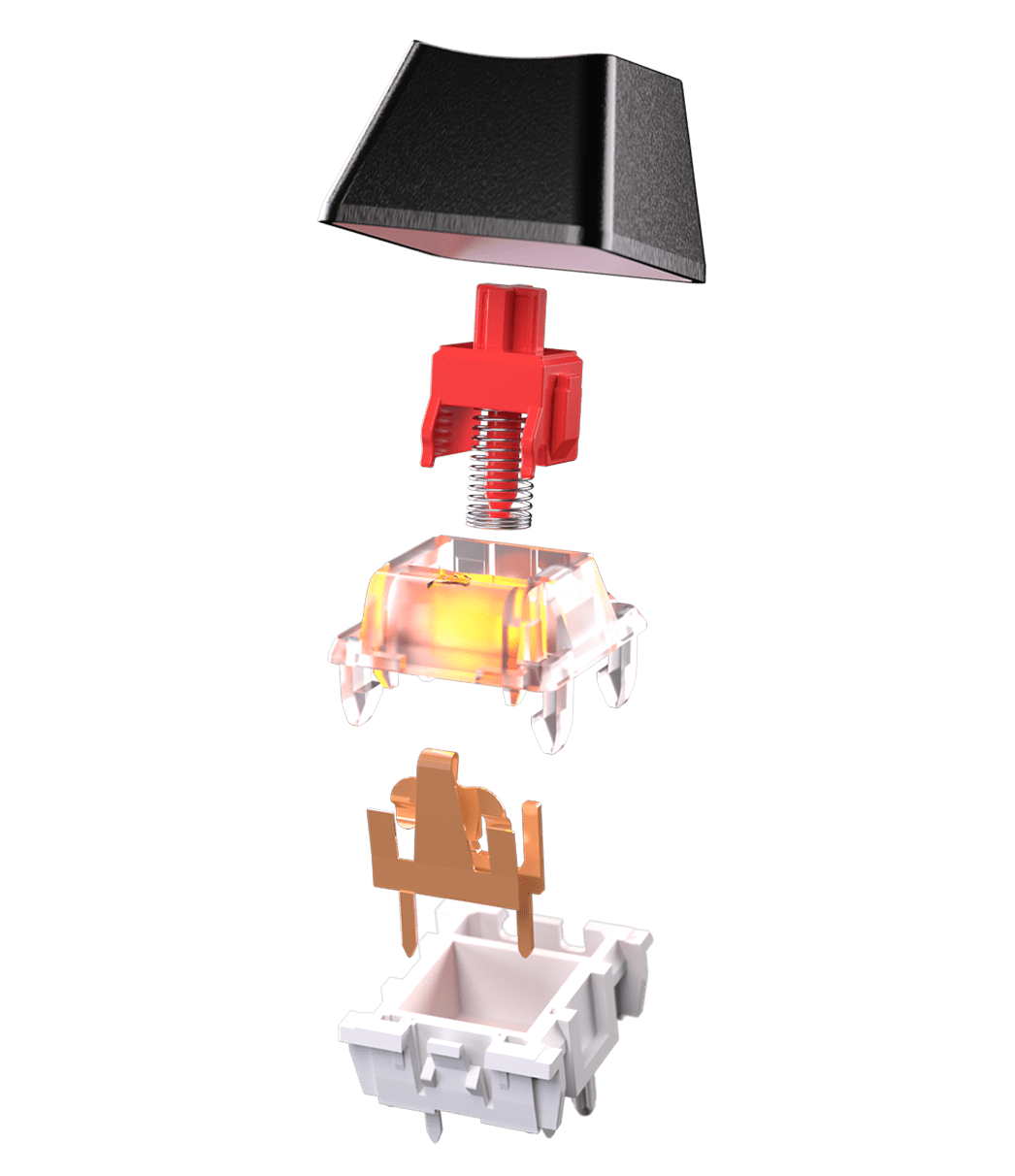 Exploded view of the CORSAIR MLX v2 Red mechanical switch showing keycap, stem, spring, LED, and housing components