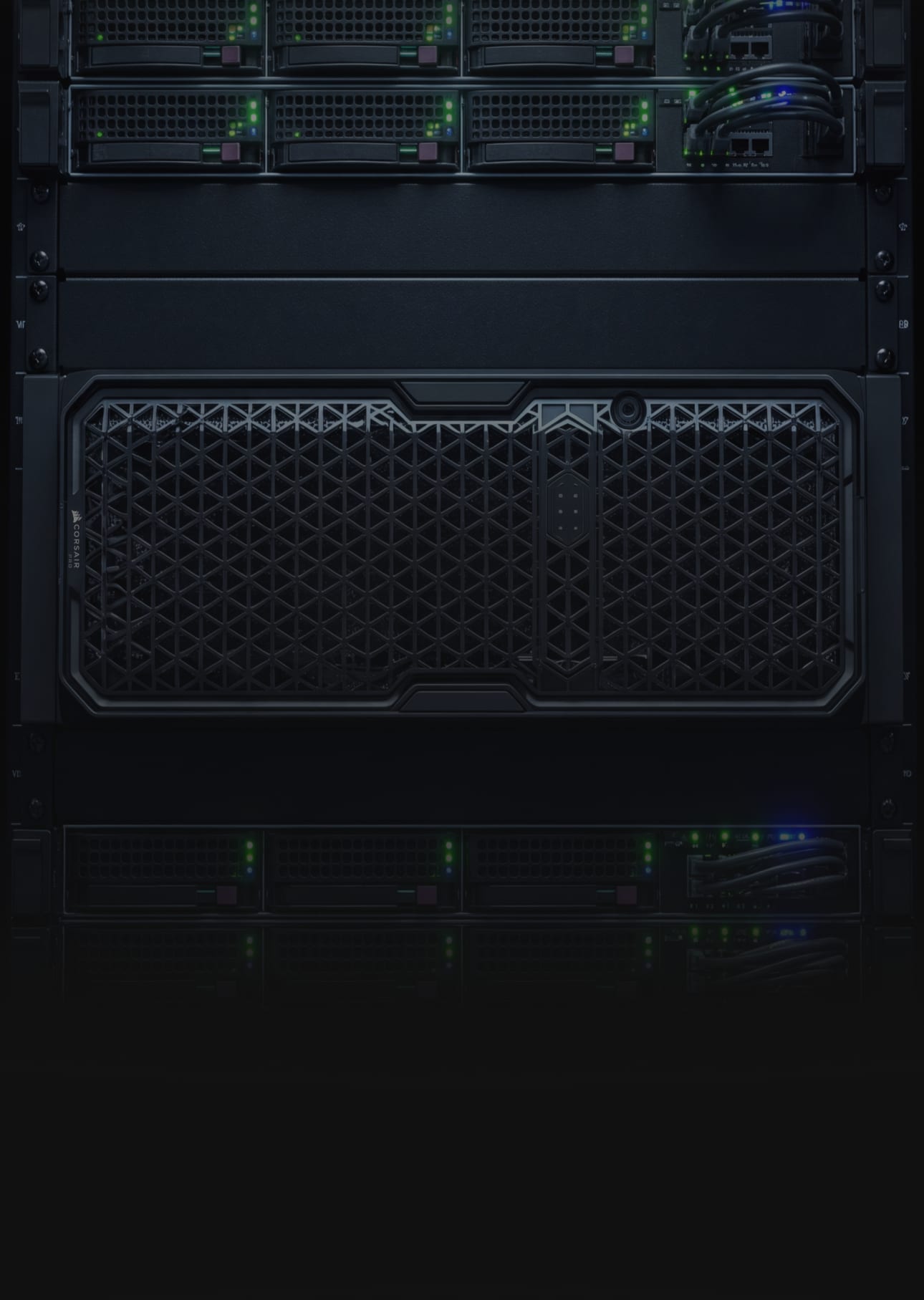 Dramatic close-up of PC server rack interior components shot in low light against a dark background.