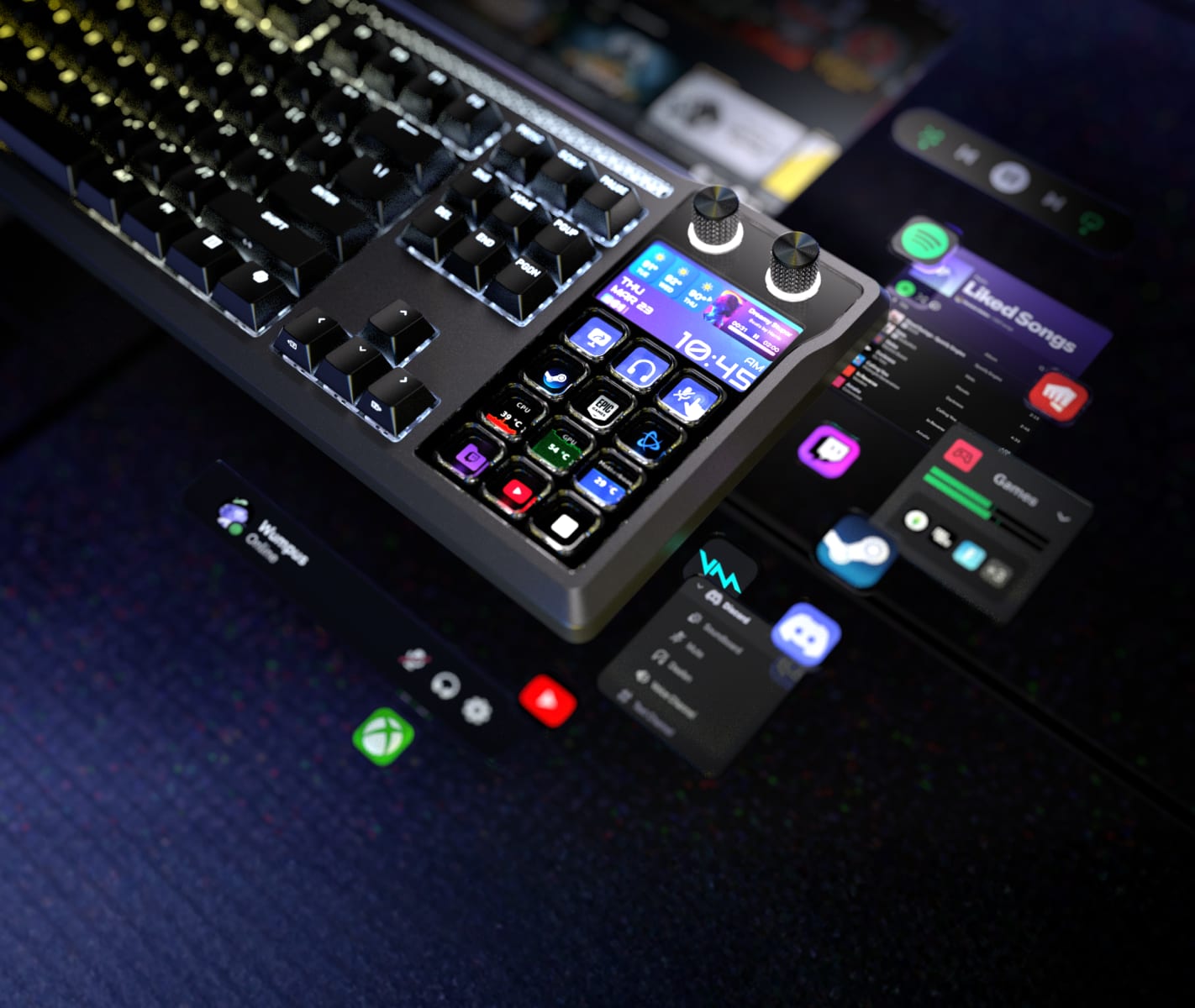 CORSAIR GALLEON command center with programmable LCD tiles displaying app shortcuts on a gaming desk.