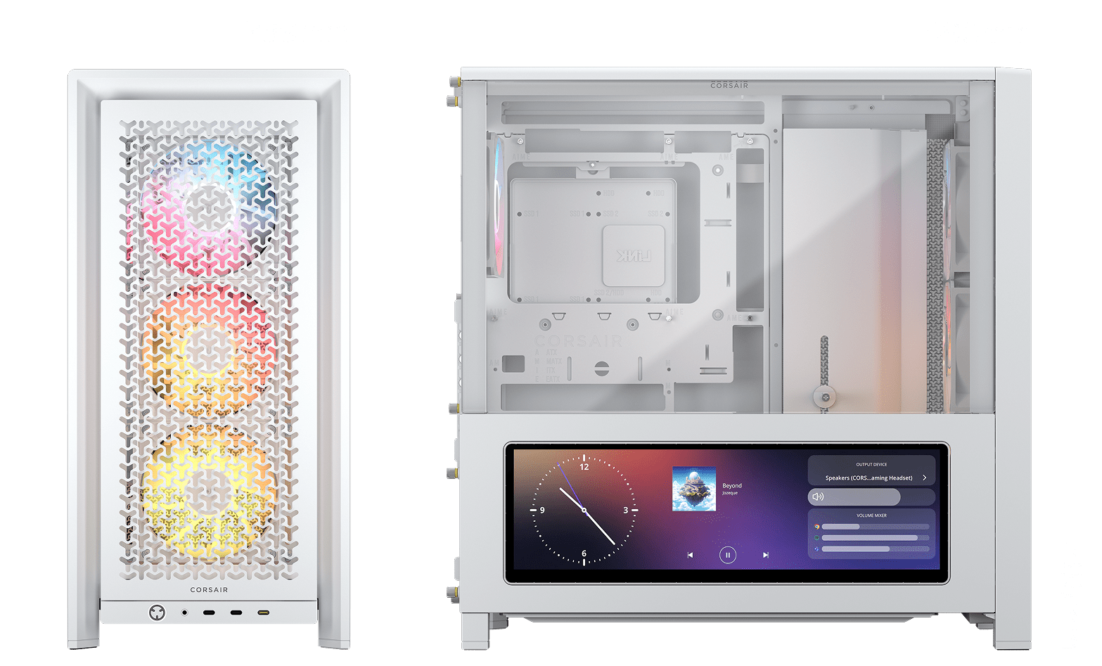 CORSAIR FRAME 4000D LCD white case dimension diagram with annotated measurements for width, height, and depth.