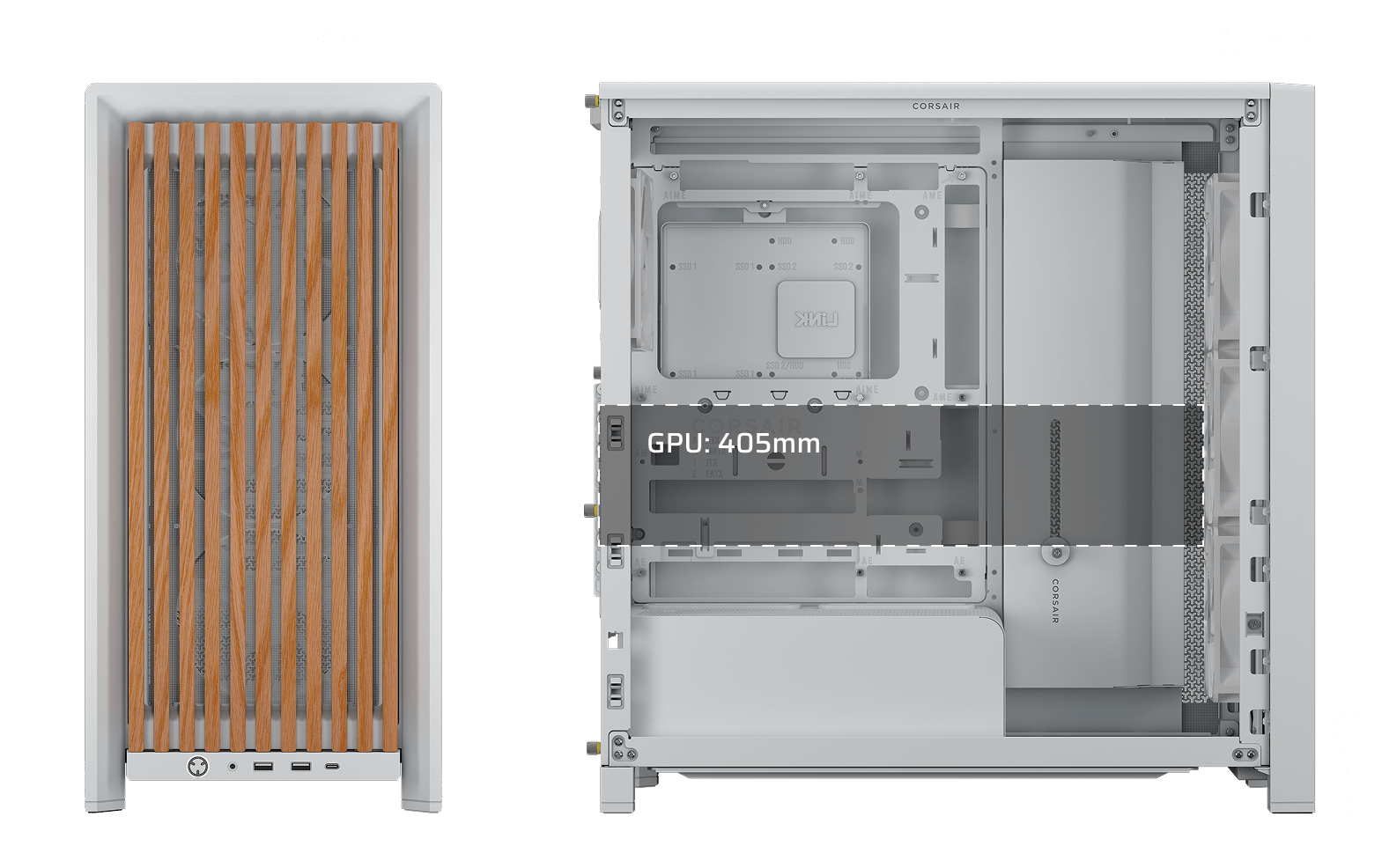 Dimensions diagram of the white/oak FRAME 4000D Wood RS: 239mm wide, 490mm deep, 486mm tall, 405mm GPU clearance