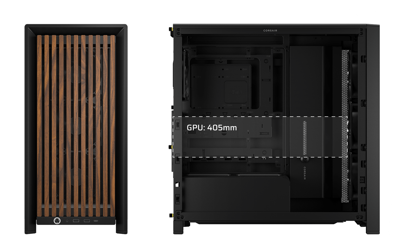 Dimensions diagram of the black/walnut FRAME 4000D Wood RS: 239mm wide, 490mm deep, 486mm tall, 405mm GPU clearance