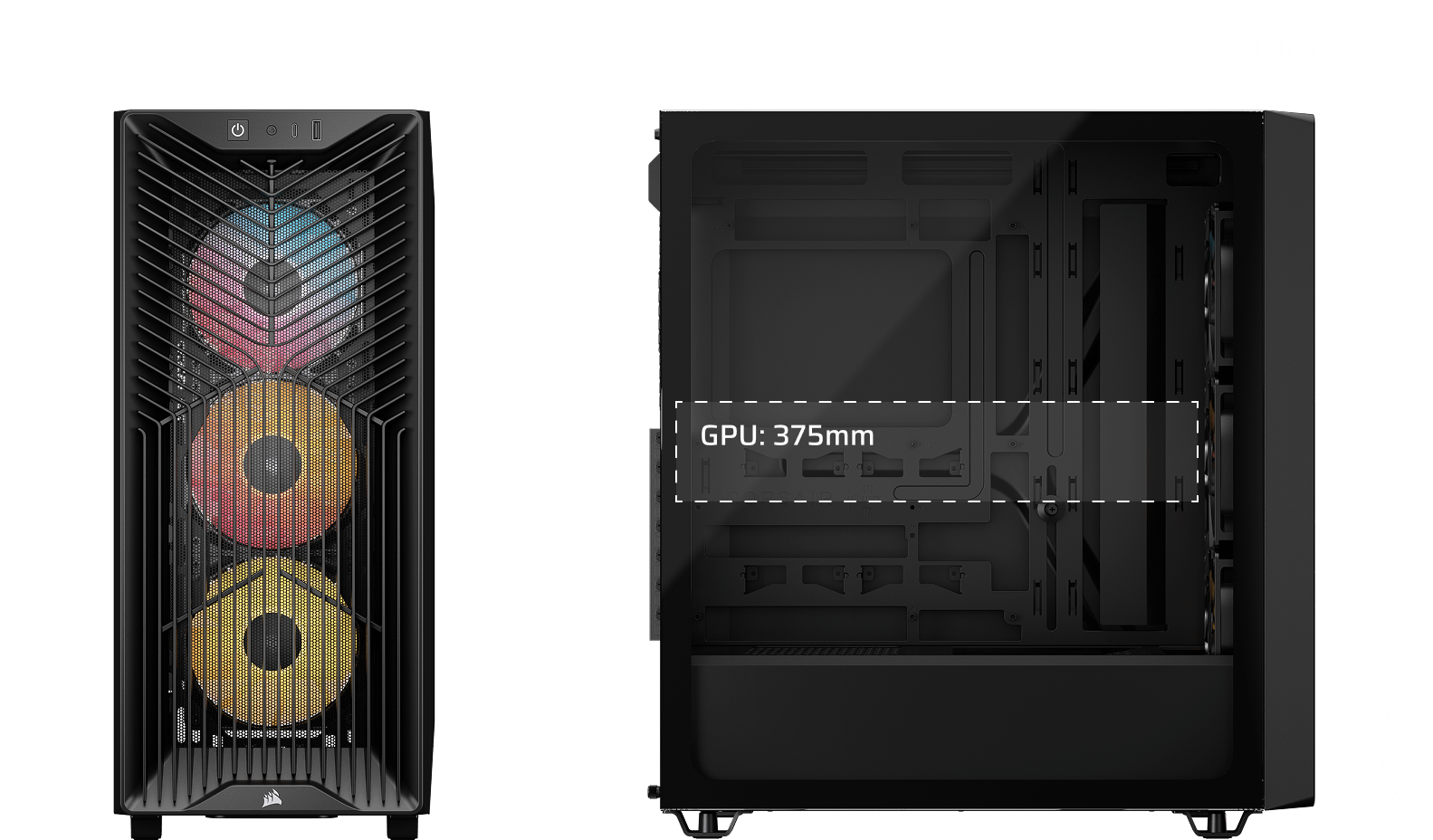 3200D RS ARGB Black case dimensions diagram: 219mm wide, 458mm deep, 495mm tall with 375mm GPU clearance.