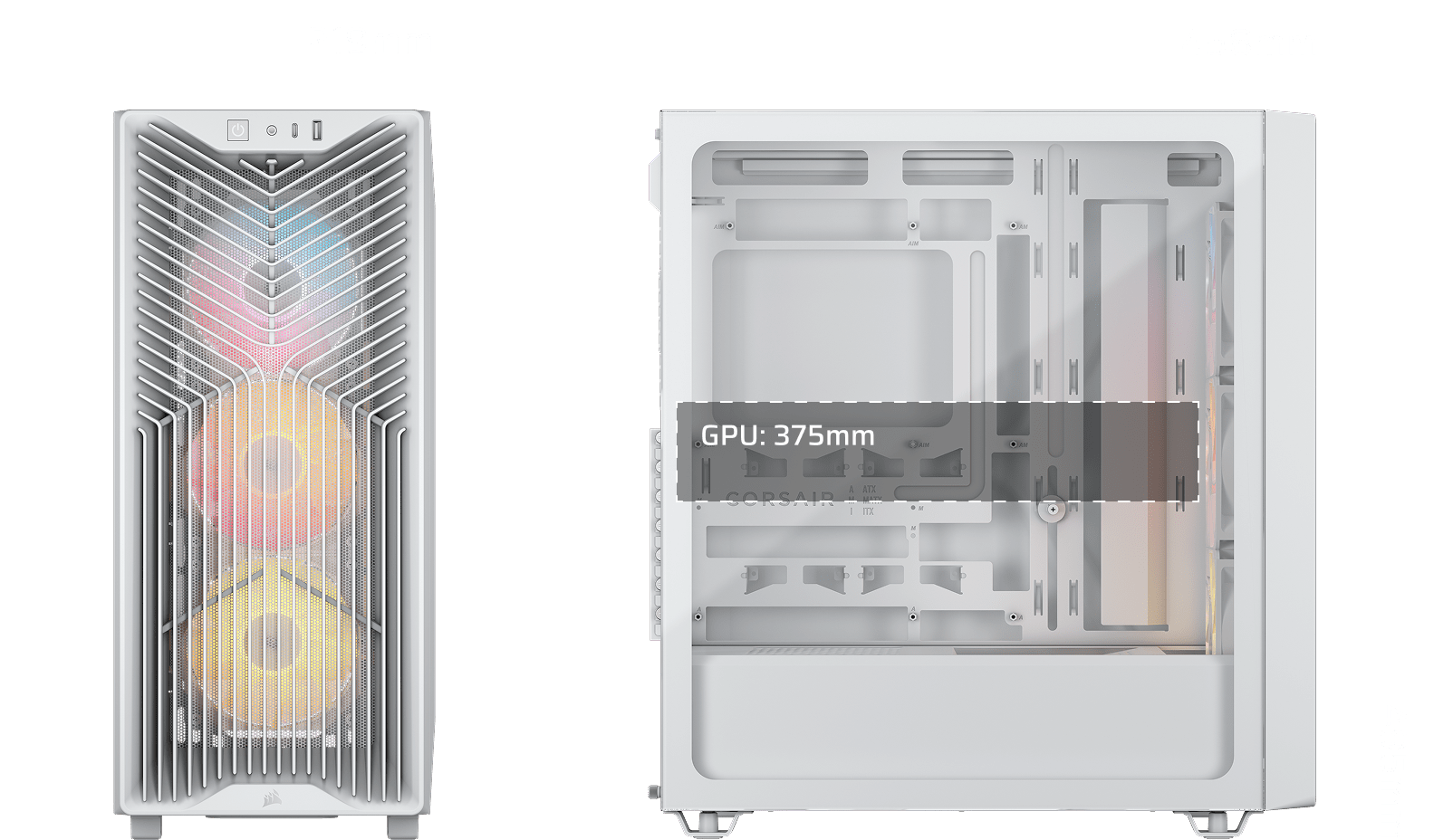 3200D RS ARGB White case dimensions diagram: 219mm wide, 458mm deep, 495mm tall with 375mm GPU clearance.