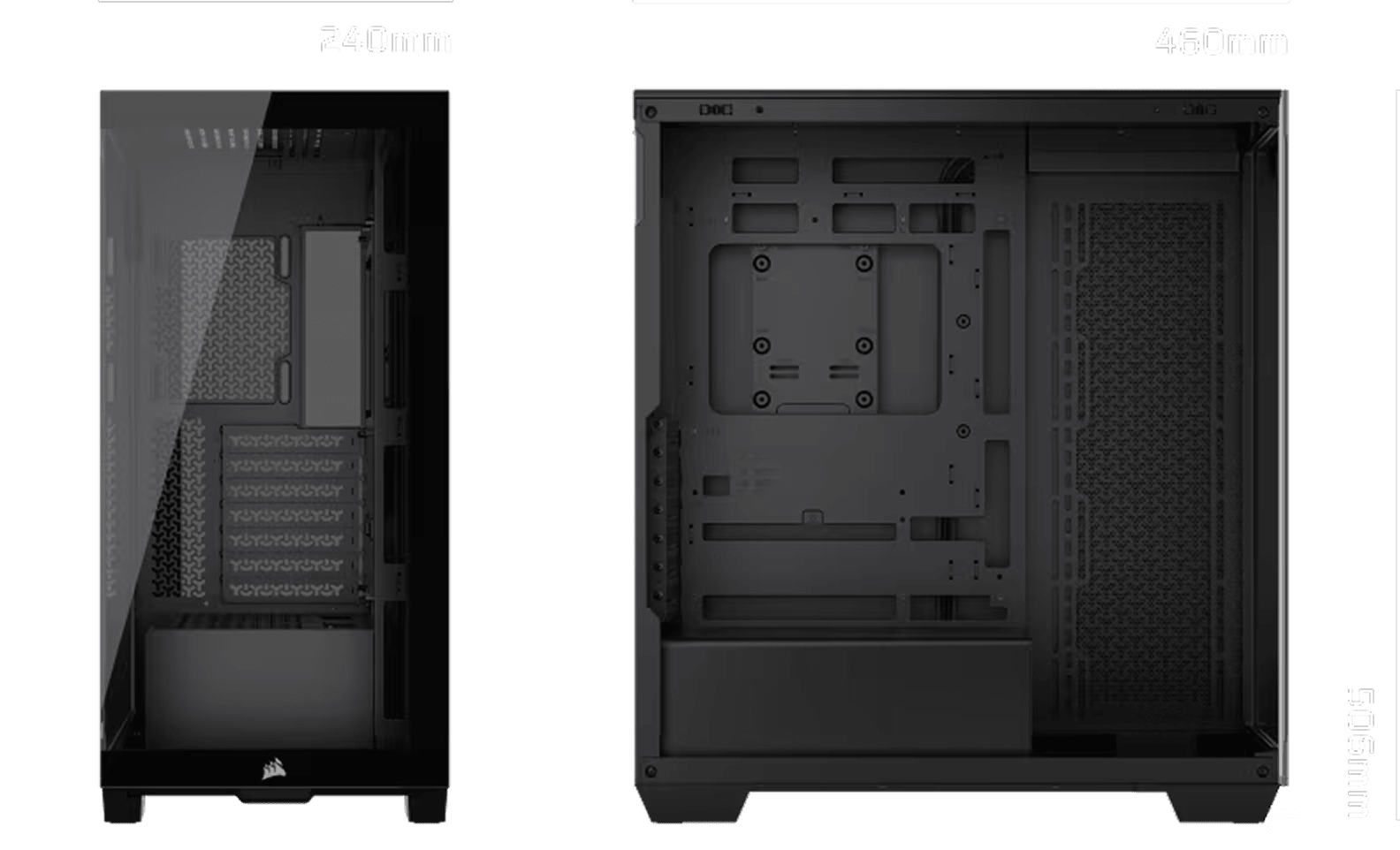 CORSAIR a7500 PC case dimensions diagram showing 240mm width with exterior and interior side views at 460×506mm.