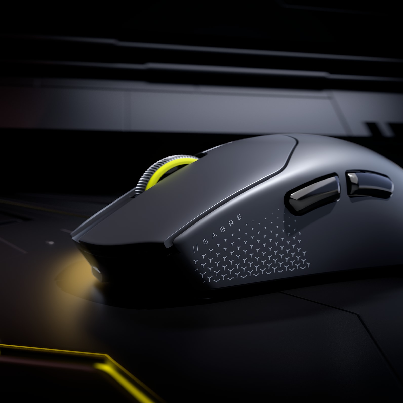 CORSAIR SABRE V2 PRO Ultralight Wireless gaming mouse with yellow scroll wheel glow and textured side grip.
