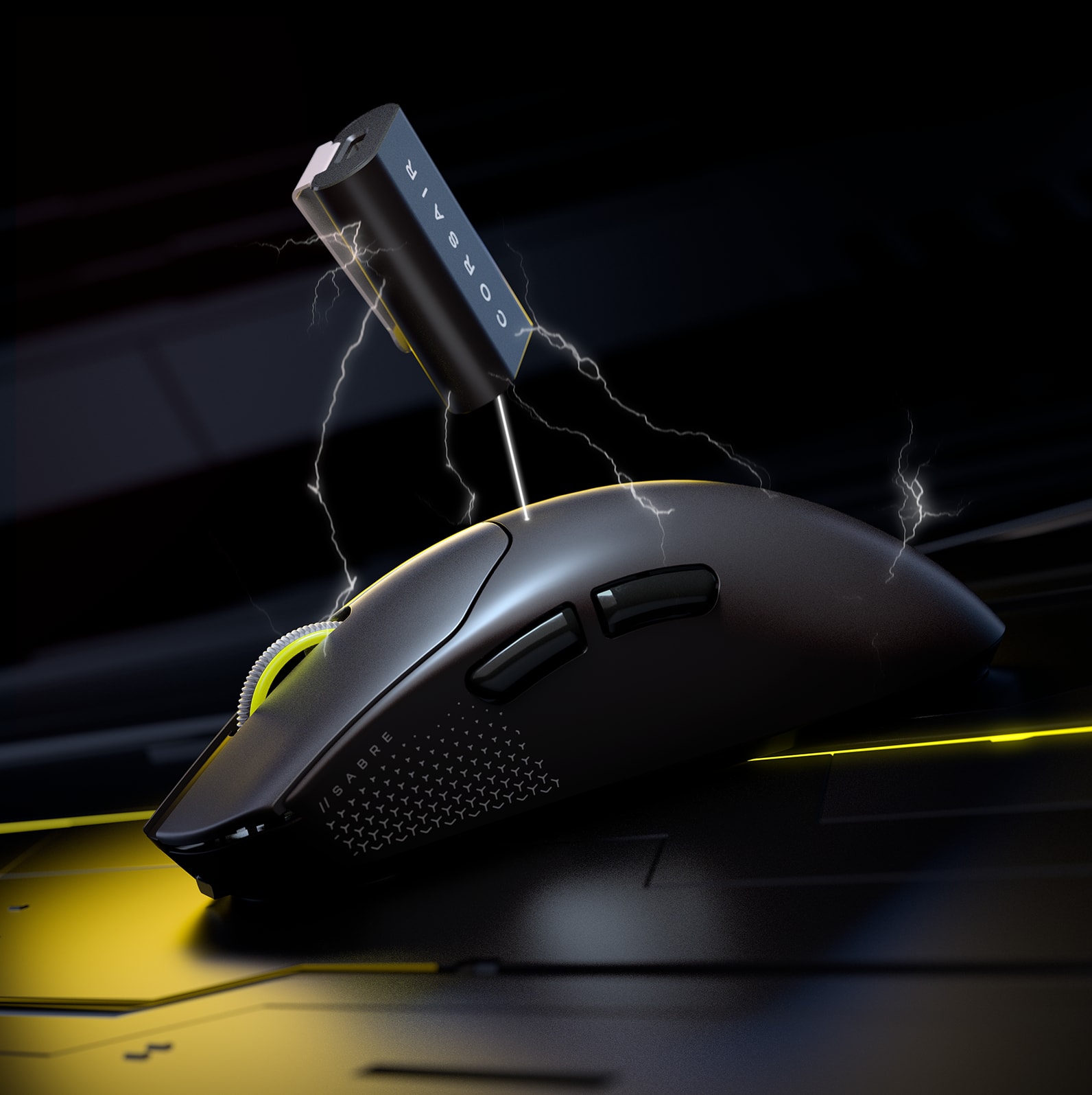 CORSAIR SABRE V2 PRO gaming mouse with wireless USB dongle and lightning bolts illustrating 8K Hz hyper polling.