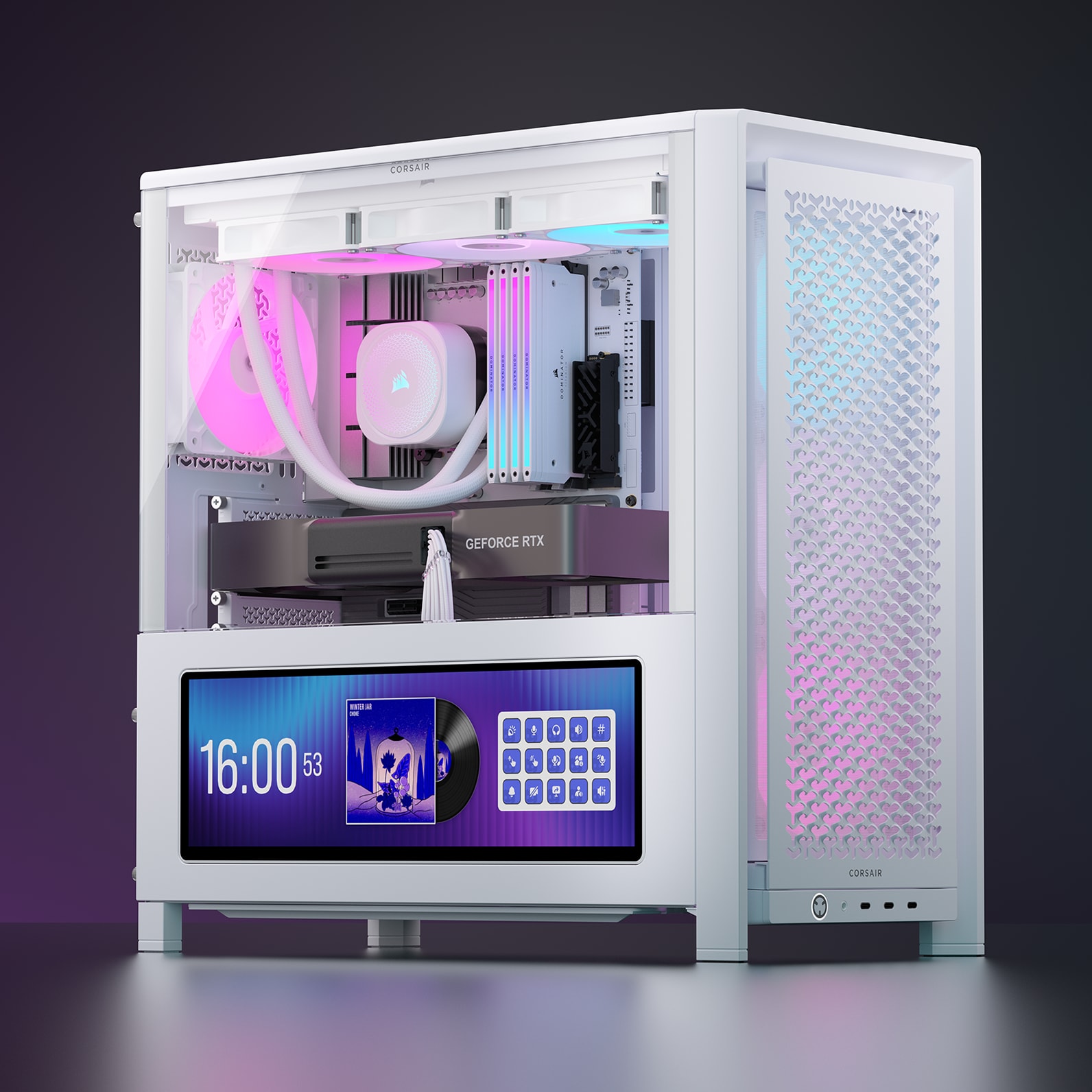CORSAIR FRAME 4000D LCD white case fully assembled with gaming components installed inside the build.