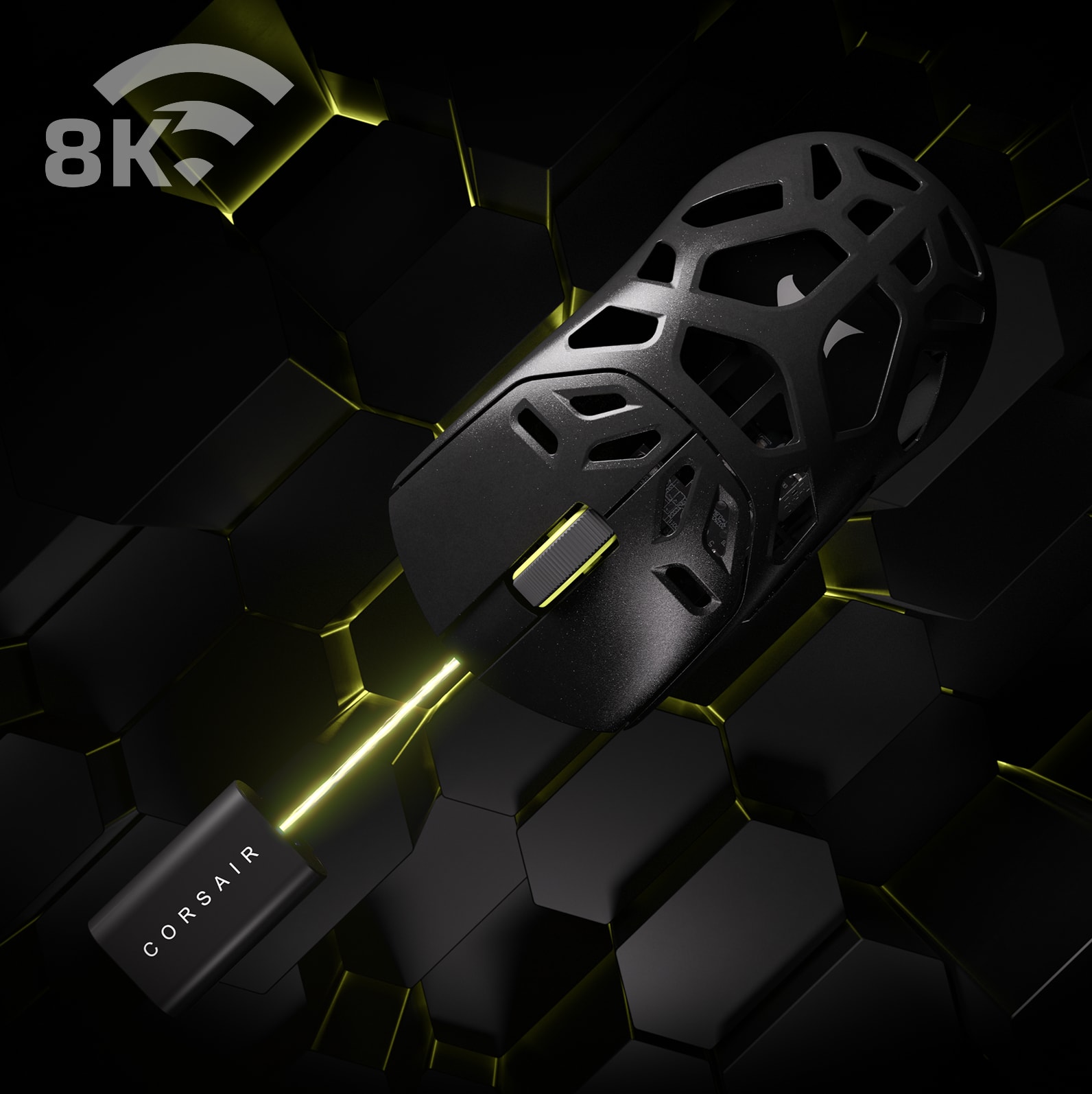 An overhead shot of SABRE v2 PRO MG WIRELESS in black demonstrating its 8,000Hz polling rate.