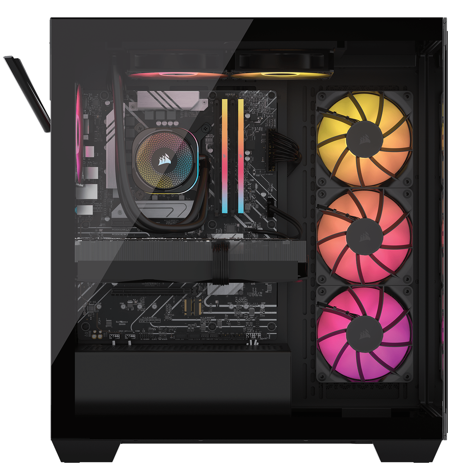 CORSAIR a7500 black gaming PC with tempered glass side panel showing AIO cooler, RGB RAM, and three vivid RGB case fans.