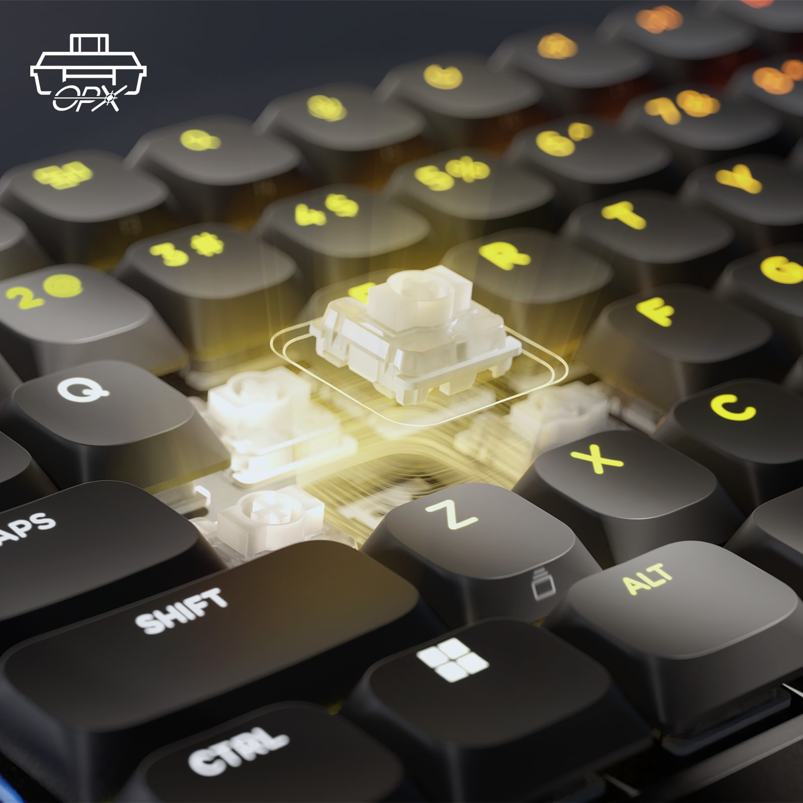 VANGUARD AIR 99 keyboard close-up highlighting the CORSAIR OPX optical-mechanical switch with glowing yellow light effect.