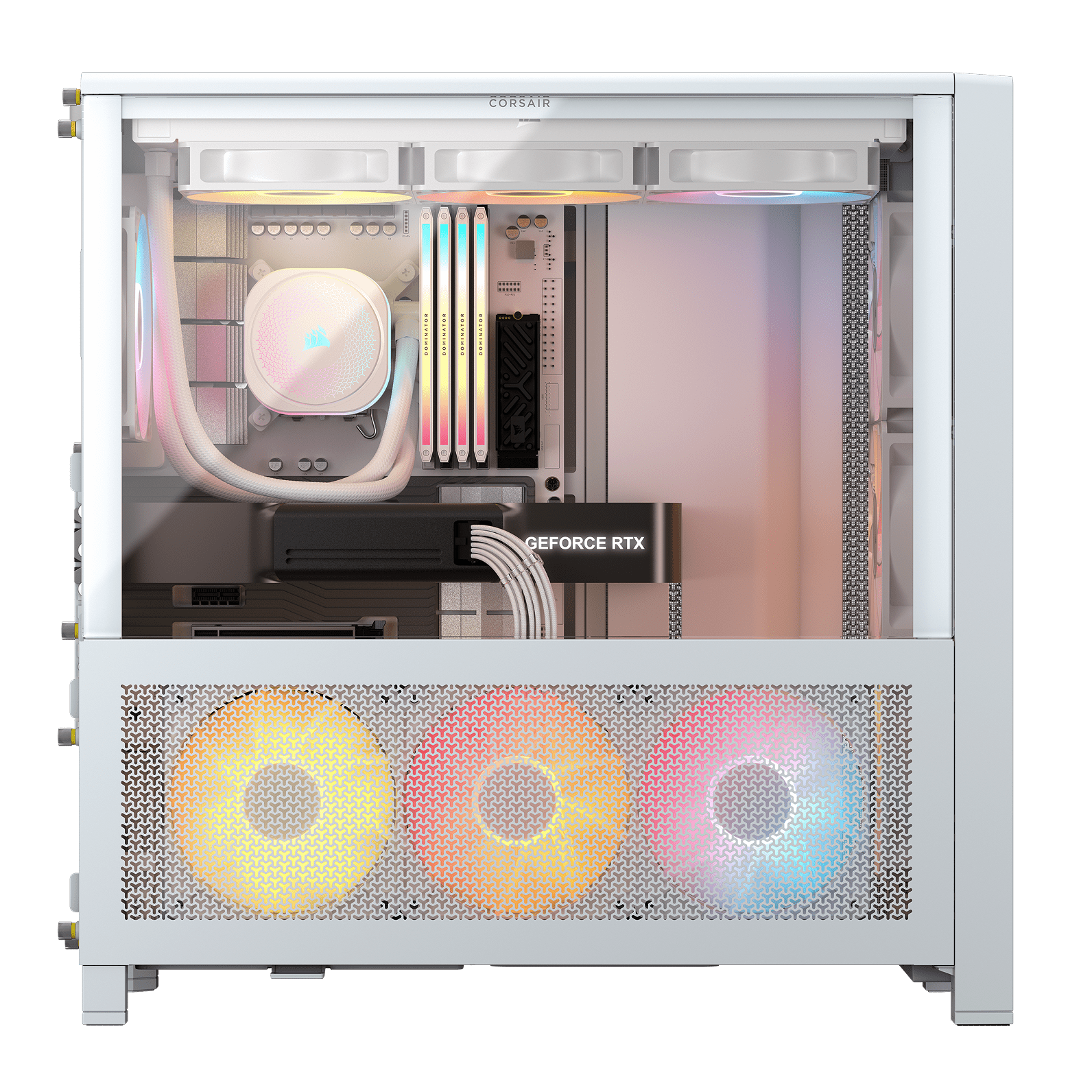 Vit Corsair FRAME 4000 med Cold Air Intake Kit-sidopanel som visar AIO, RGB-RAM och GPU genom glaset.