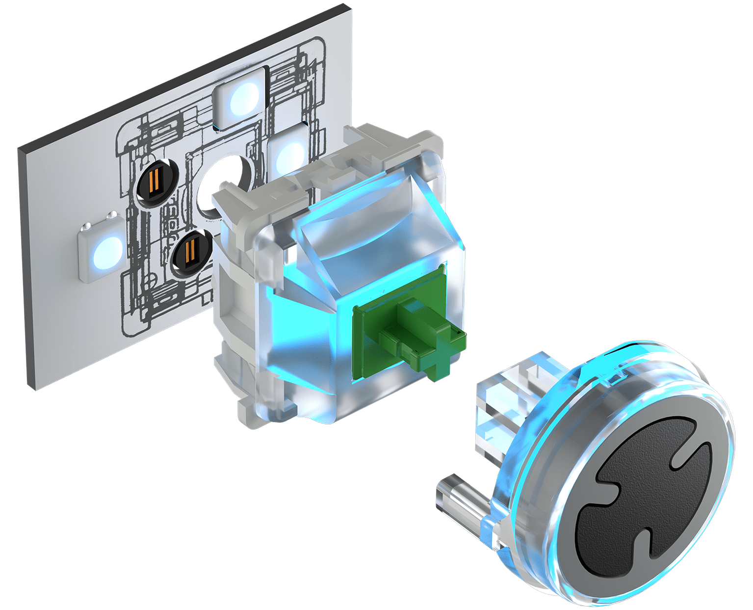 Exploded view of the customizable ARGB power button mechanism for the black FRAME 4000 Series ELITE Front Panel