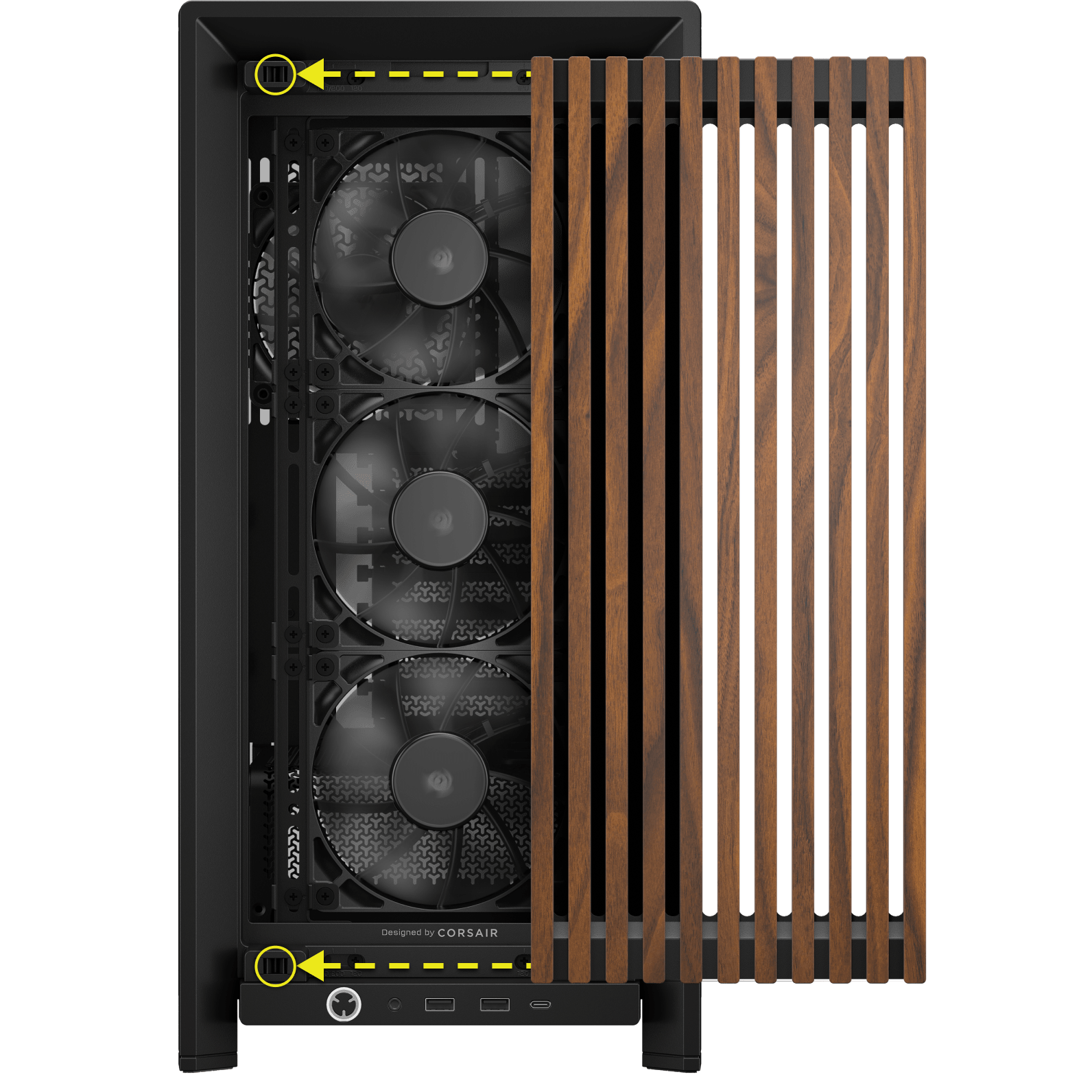 Black FRAME 4000 with walnut panel swinging open to reveal 3 fans, callouts highlighting tool-free thumb screws