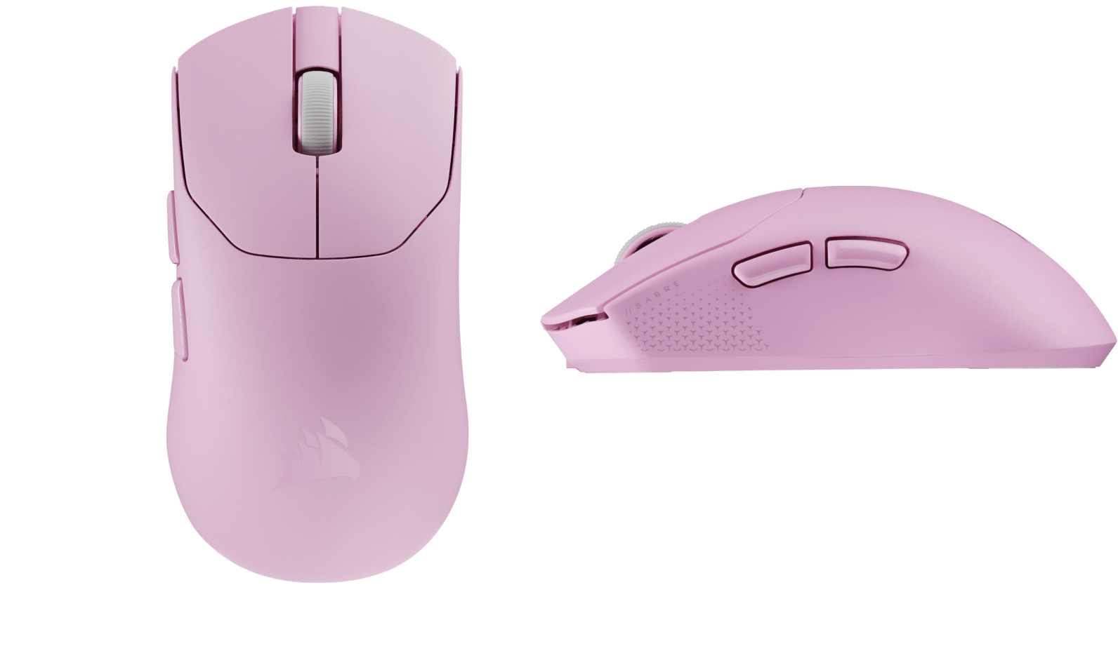 CORSAIR SABRE V2 PRO Ultralight Wireless in white with dimension measurements shown from top and side views.