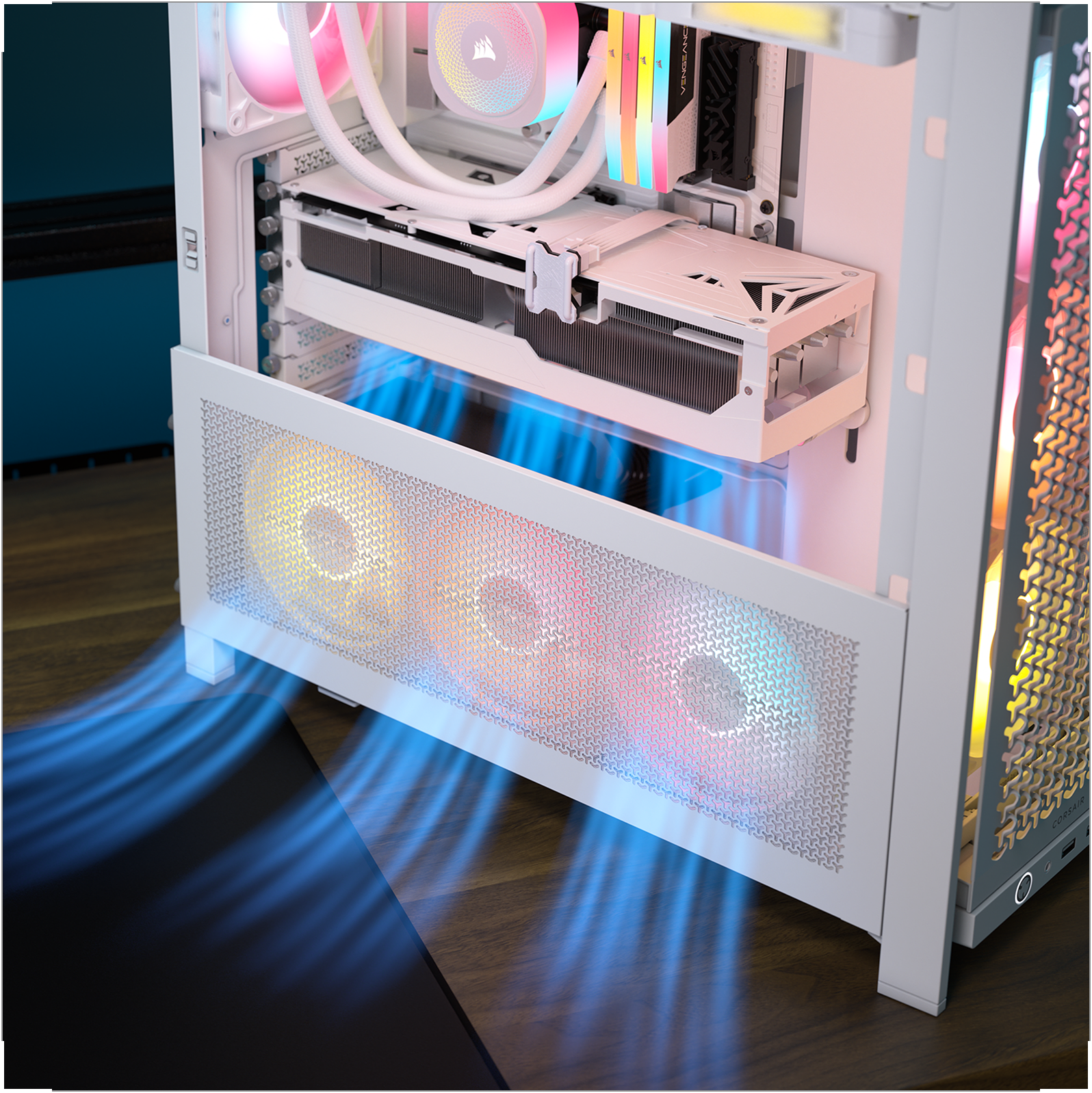 Vit Corsair FRAME 4000 med Cold Air Intake Kit visar tre RGB-fäktar med blå luftflödesvisualisering.