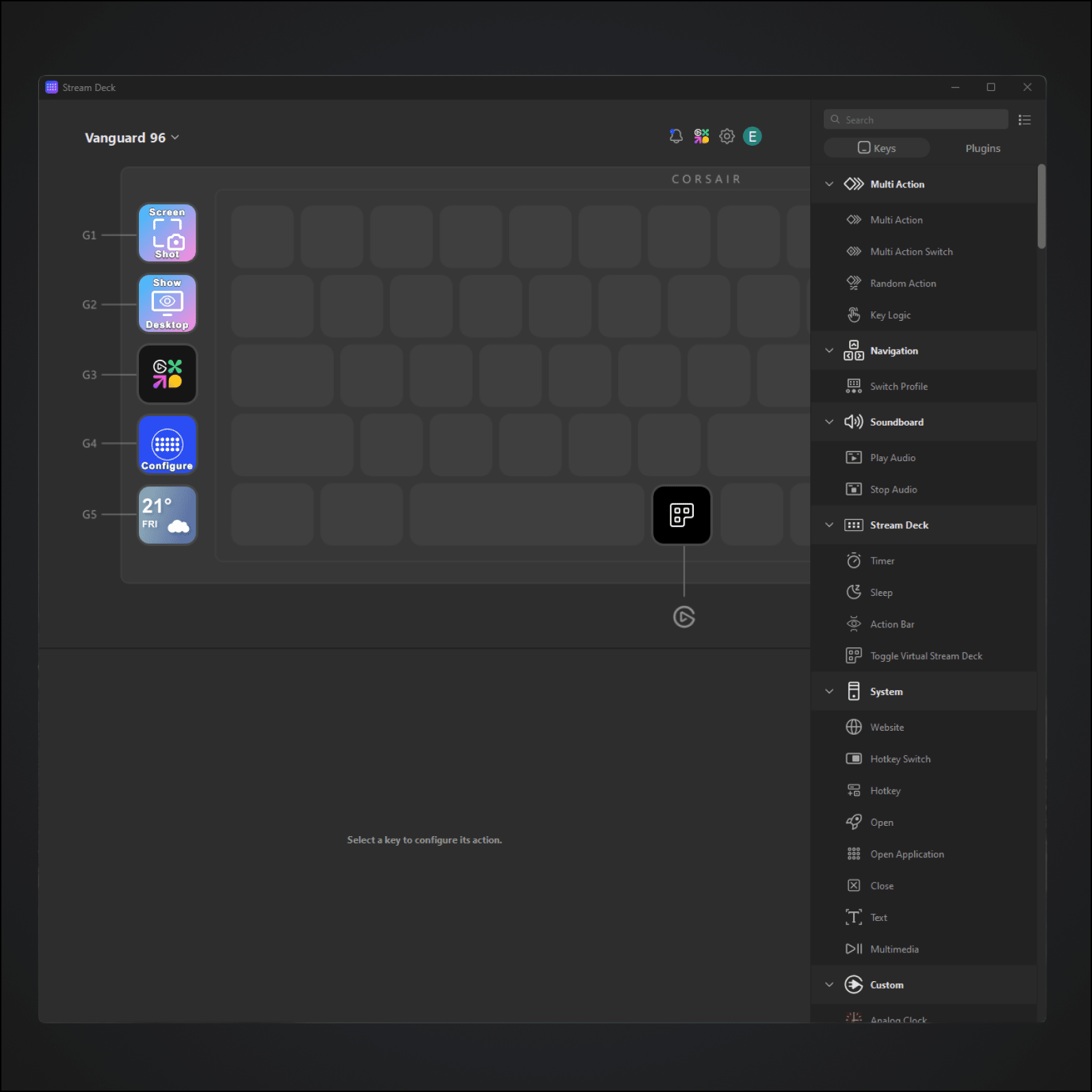 VANGUARD 96 keyboard layout in Stream Deck software showing configurable keys and app action shortcuts in the side panel.