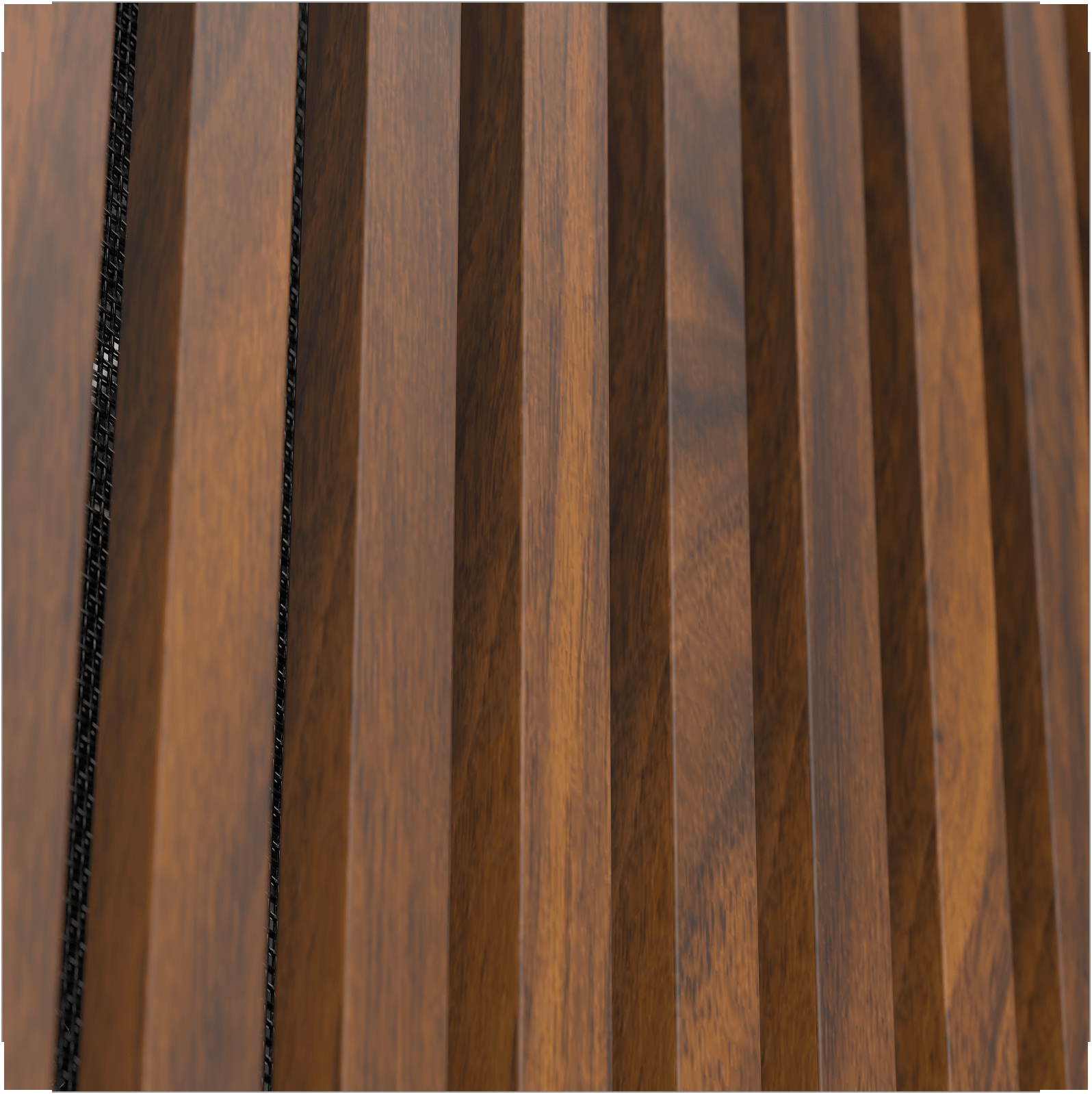 Close-up of real walnut wood panel with rich dark brown grain and vertical slat design for FRAME 4000