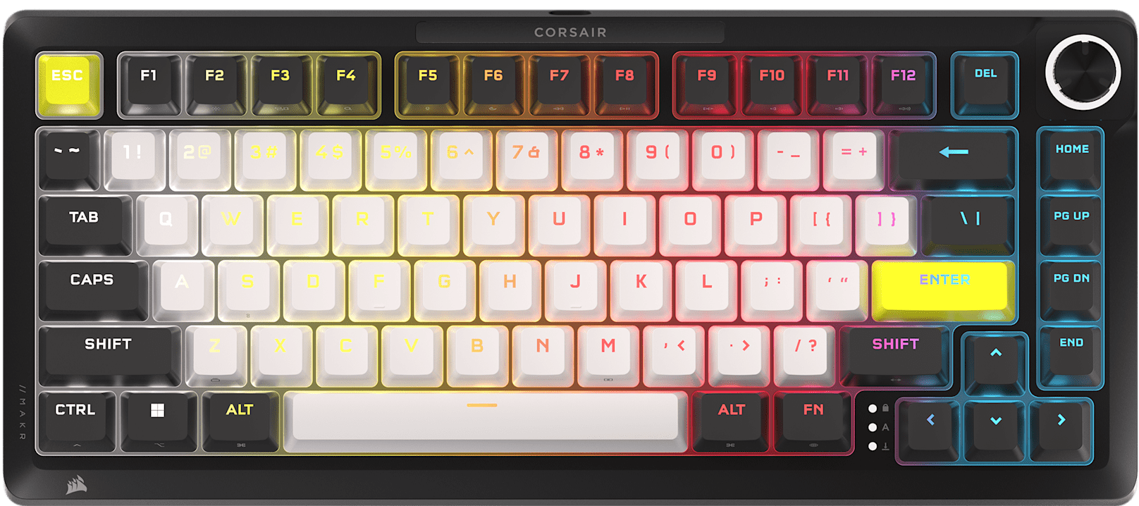 CORSAIR MAKR Pro 75 compact wireless keyboard top-down view with colorful keycaps and circular volume dial.