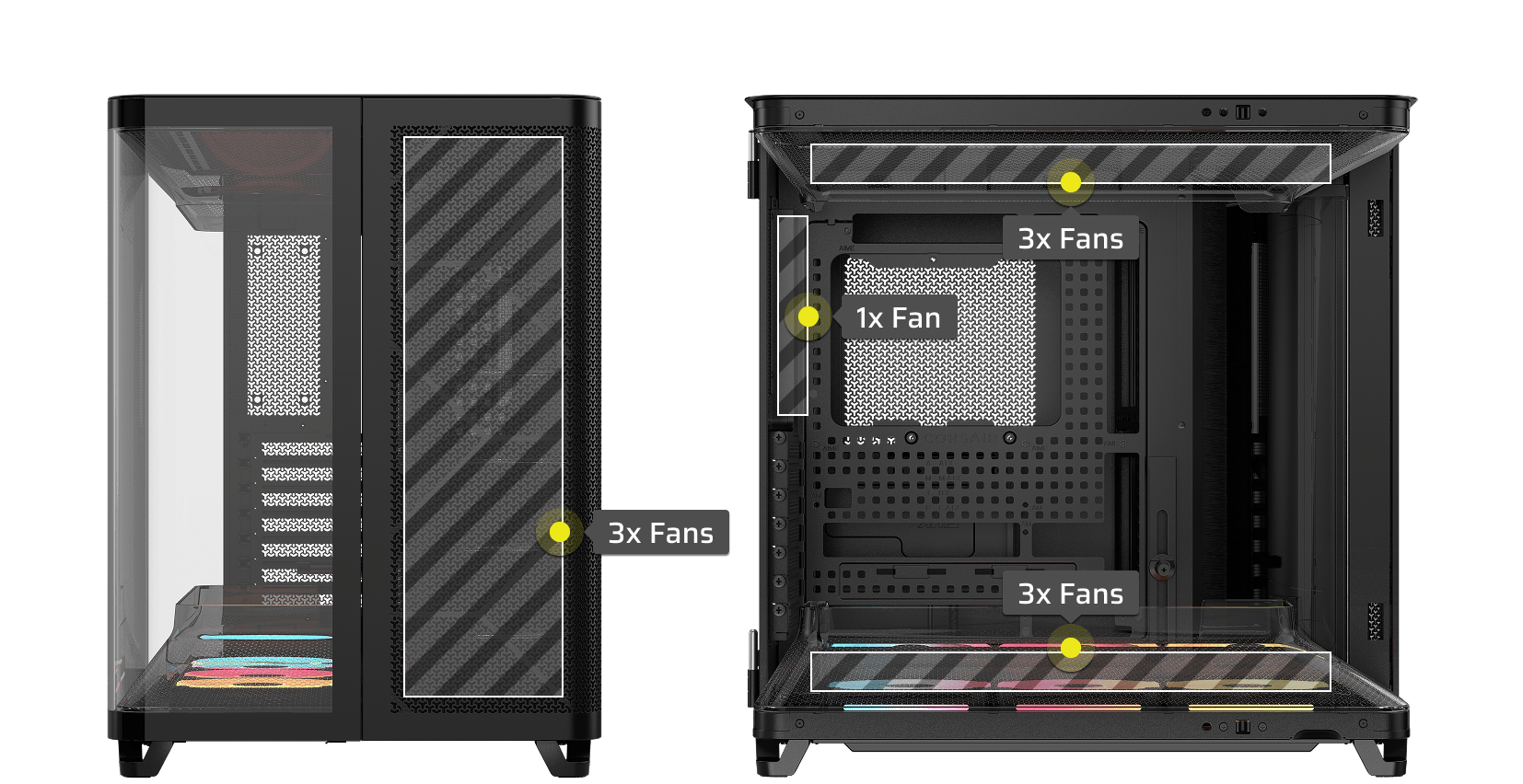 CORSAIR AIR 5400 LX-R black case showing fan capacity: 3x fans front, 3x fans top, 1x fan side.