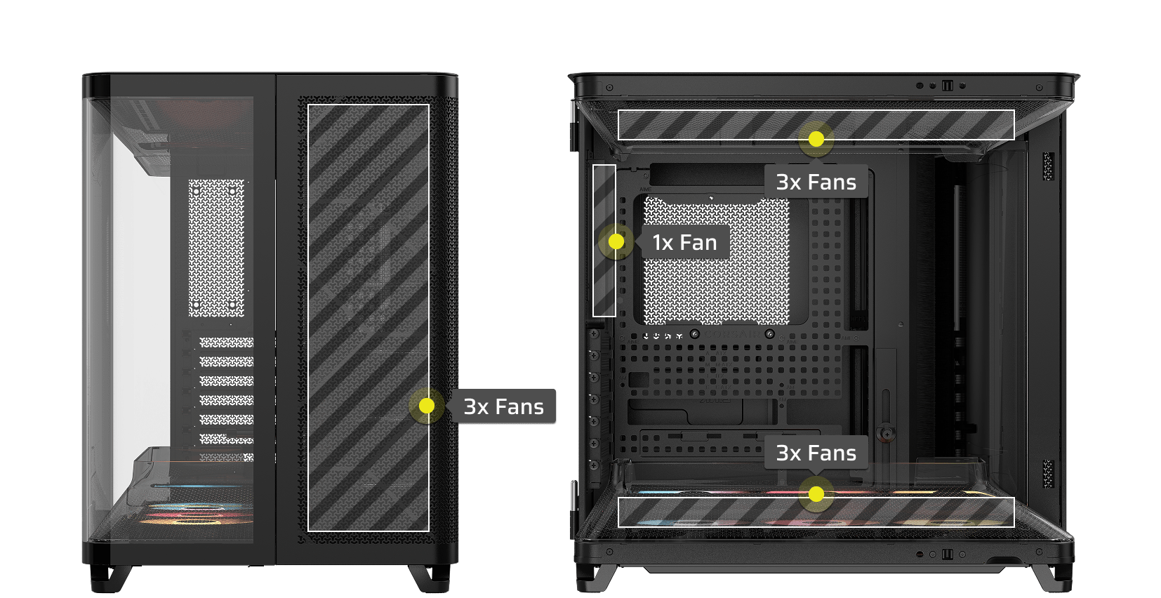 CORSAIR AIR 5400 RS-R black case showing fan capacity: 3x fans front, 3x fans top, 1x fan side.