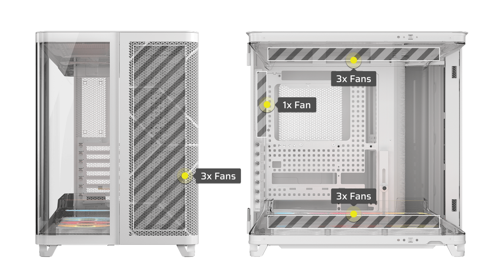 CORSAIR AIR 5400 RS-R white case fan capacity diagram showing up to 10 fan mounting positions from front, top, and side views.