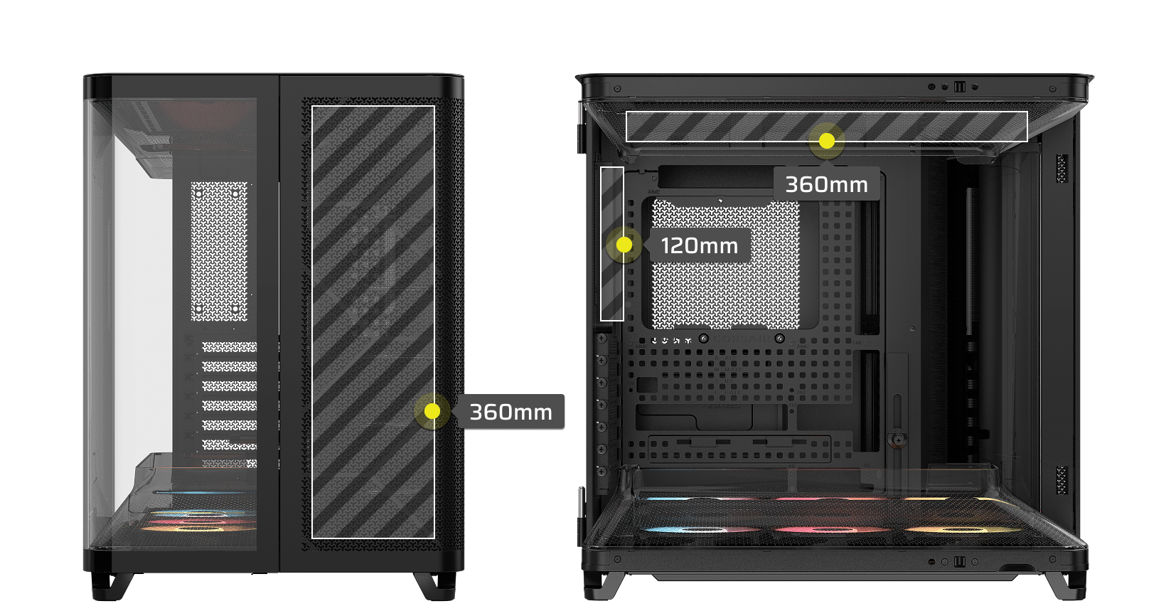 CORSAIR AIR 5400 black case with radiator mounting labels showing 360mm front and 120mm side radiator support.