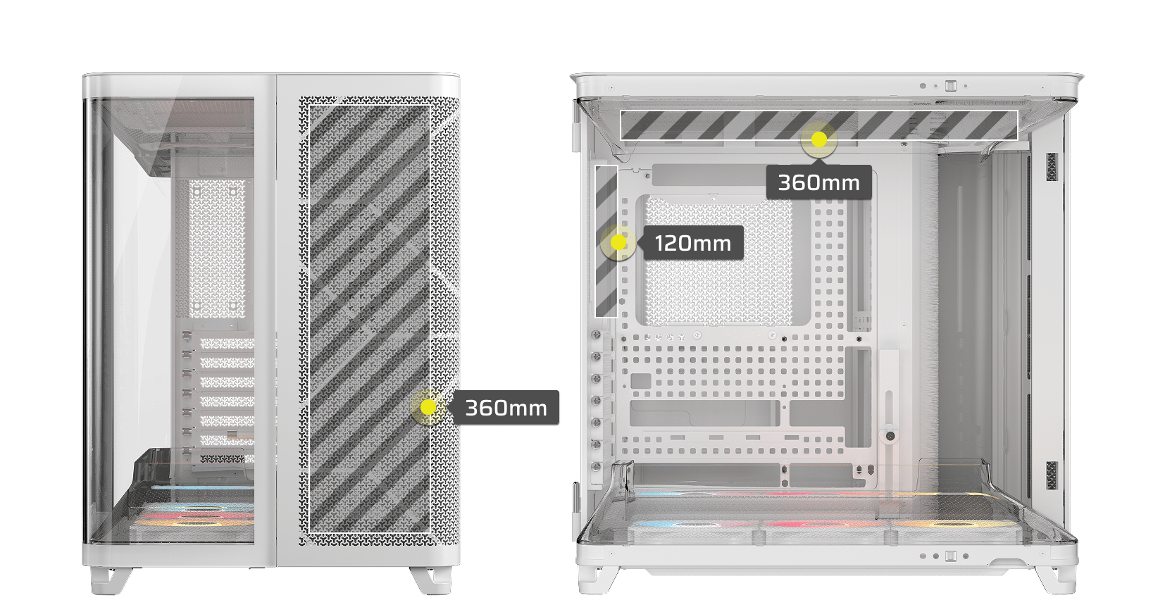 CORSAIR AIR 5400 RS-R white case radiator capacity diagram showing 360mm radiator mounting positions from two angles.