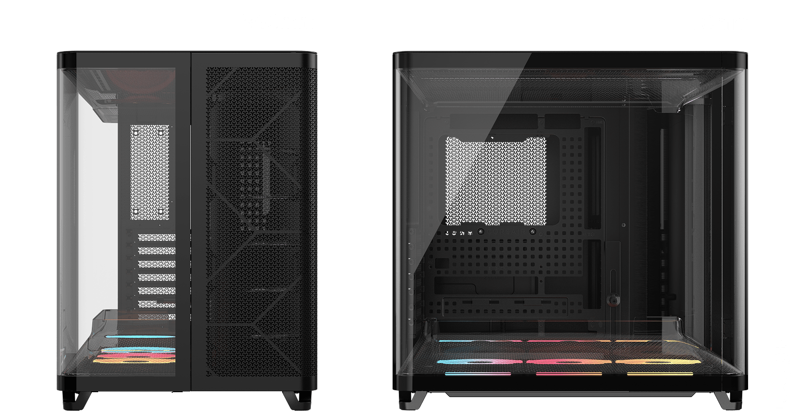 CORSAIR AIR 5400 LX-R black tower PC case shown from two angles with width and height dimension labels annotated.