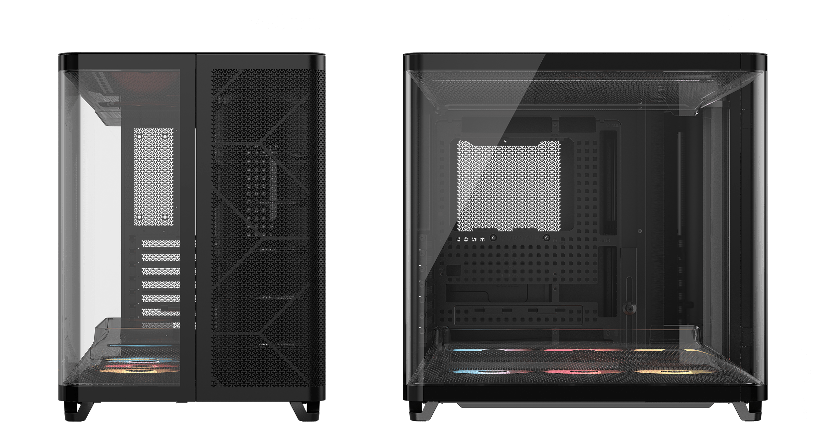 CORSAIR AIR 5400 RS-R black tower PC case shown from two angles with width and height dimension labels annotated.