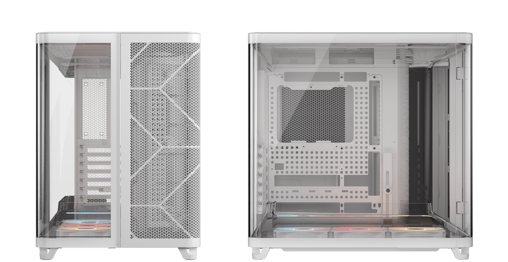 CORSAIR AIR 5400 RS-R white tower PC case shown from two angles with width and height dimension labels annotated.