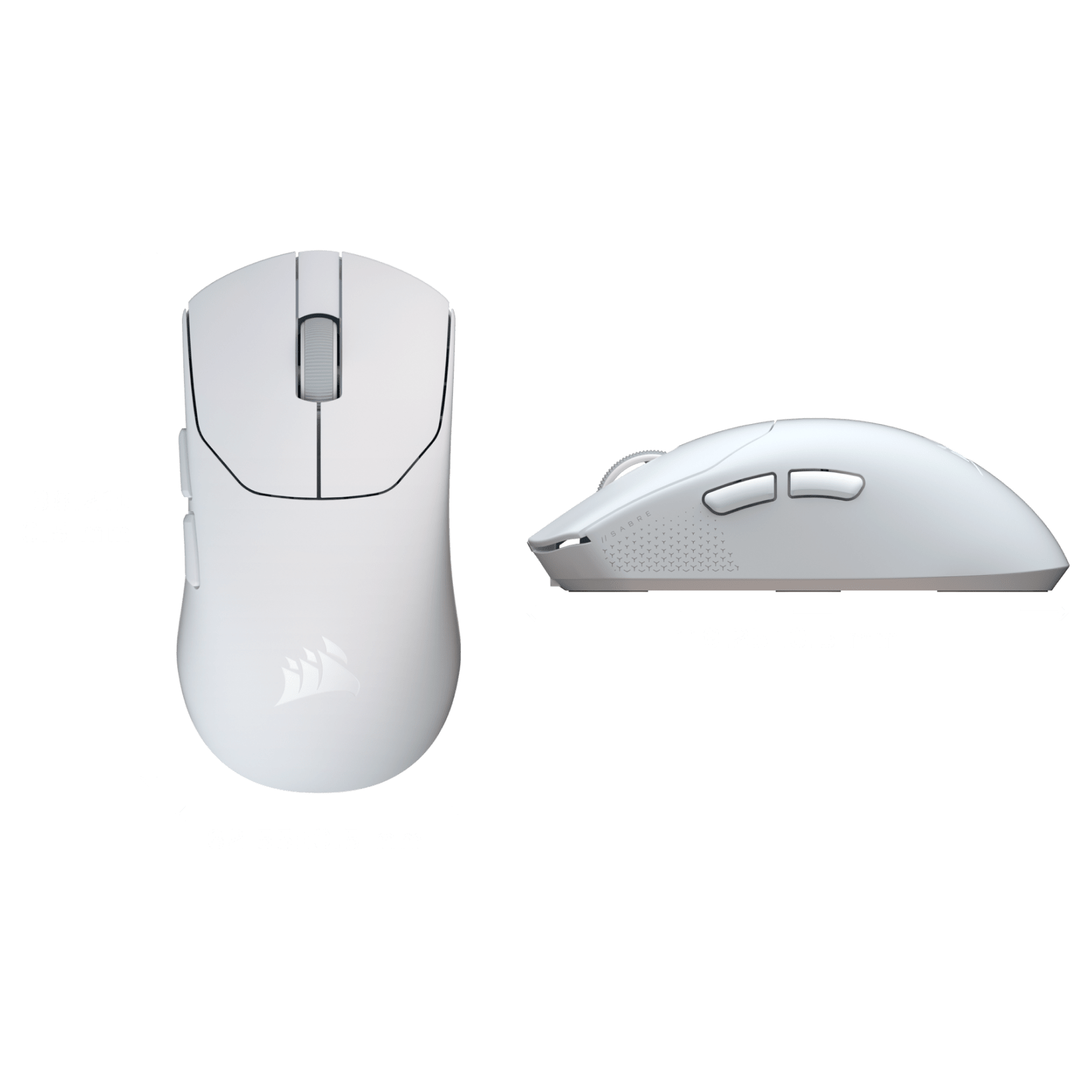 CORSAIR SABRE V2 PRO Ultralight Wireless in white with dimension measurements shown from top and side views.