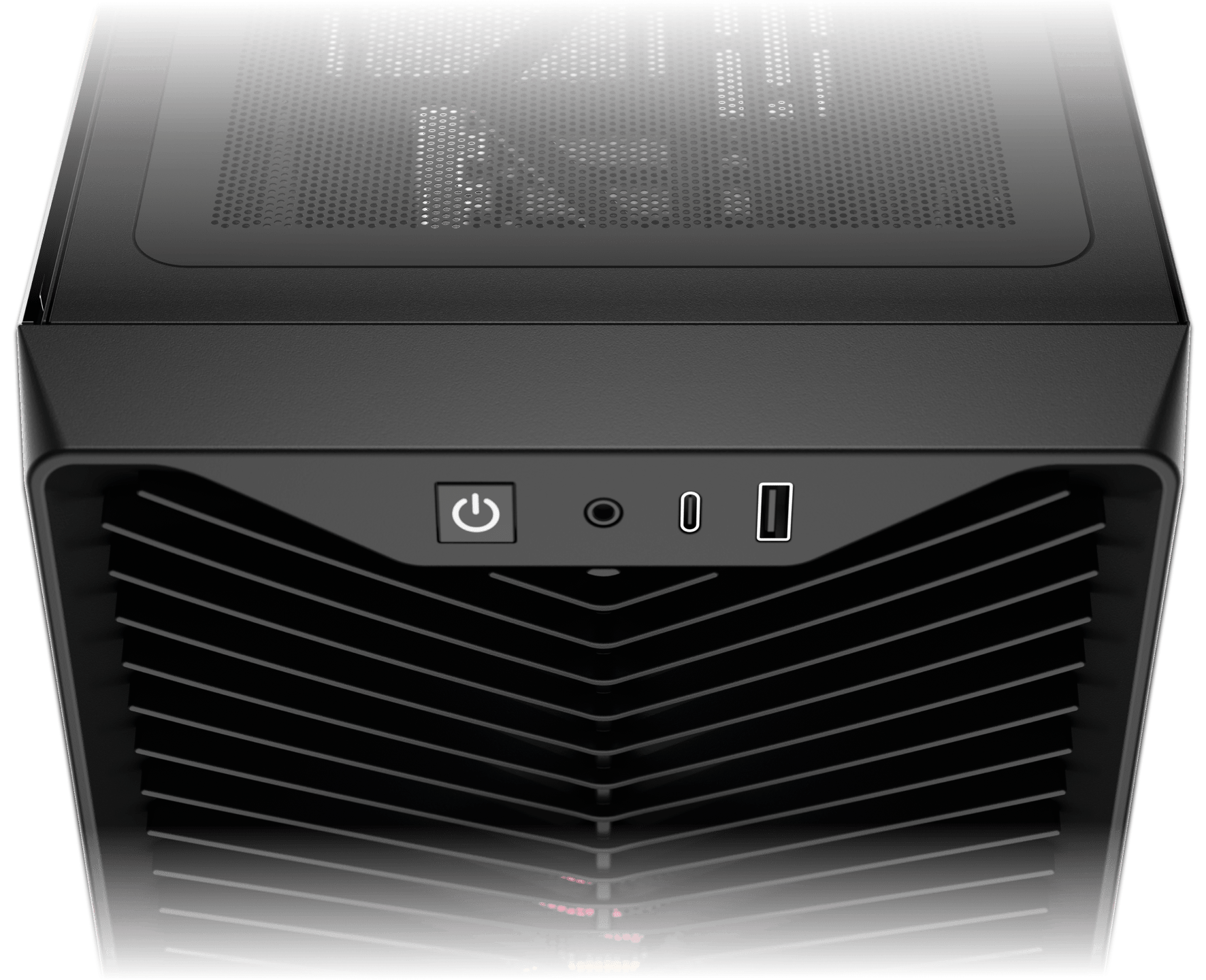 3200D RS ARGB black case top-down view showing front panel I/O: USB-C, USB-A ports, power button, and headphone jack.