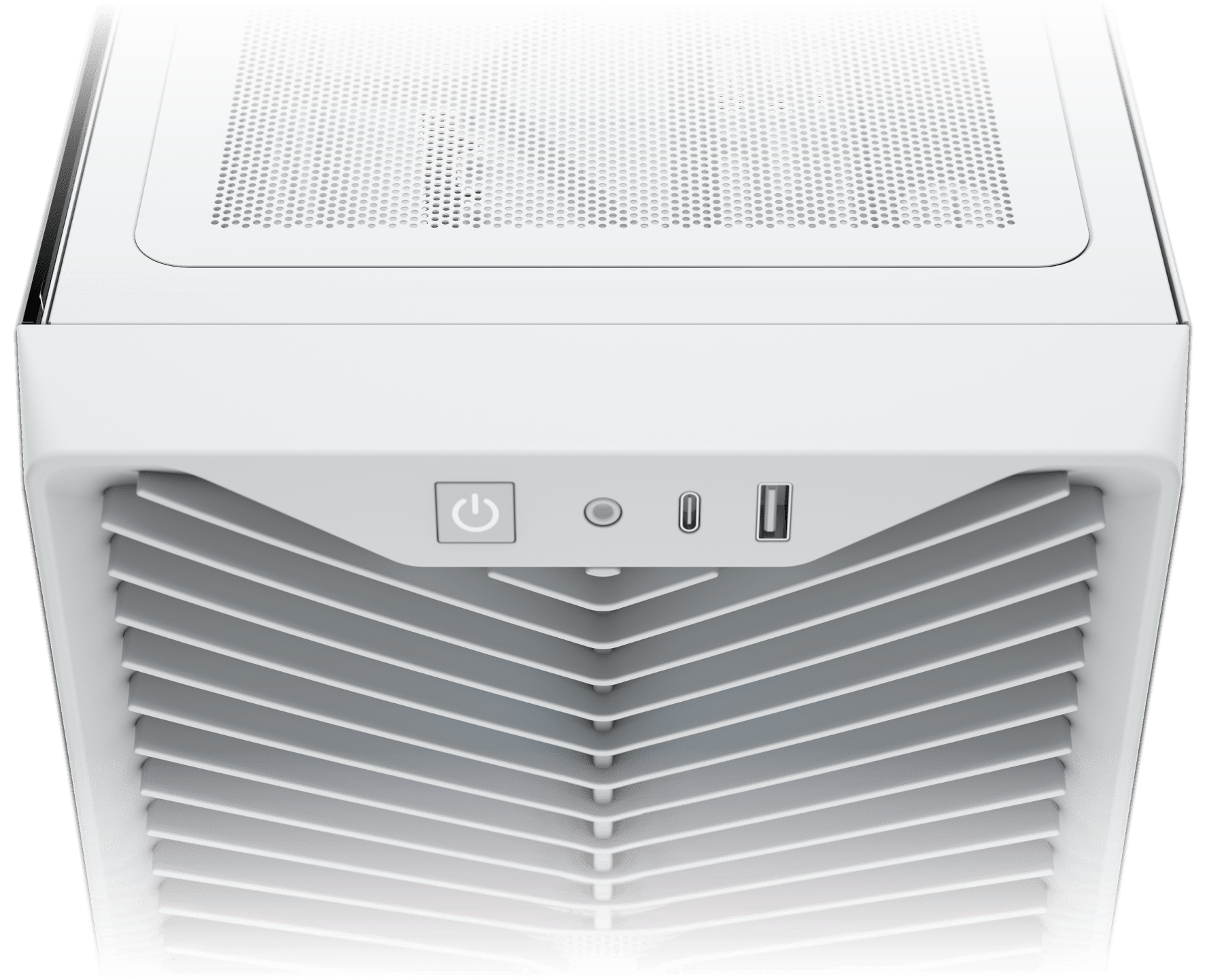 3200D RS ARGB white case top-down view showing front panel I/O: USB-C, USB-A ports, power button, and headphone jack.