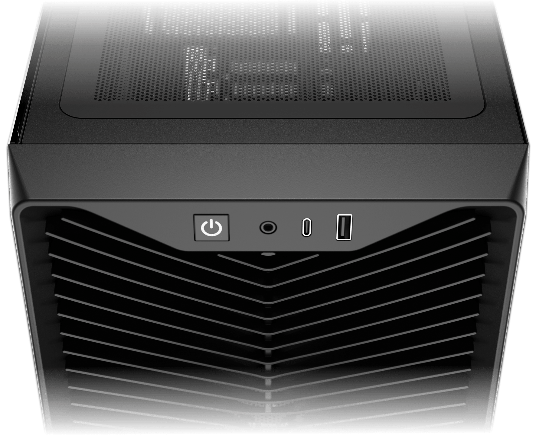 3200D RS Black case top panel showing power button, USB-C, USB-A and headphone jack, modern front panel IO