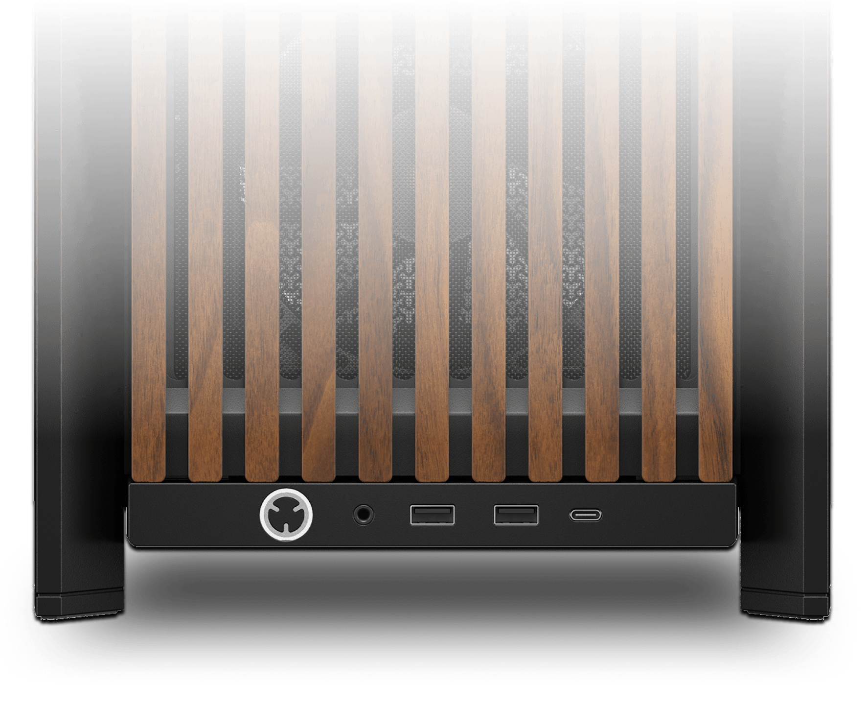 Front view of black/walnut FRAME 4000D Wood RS showing ARGB power button, USB-A, USB-C, and audio front panel I/O