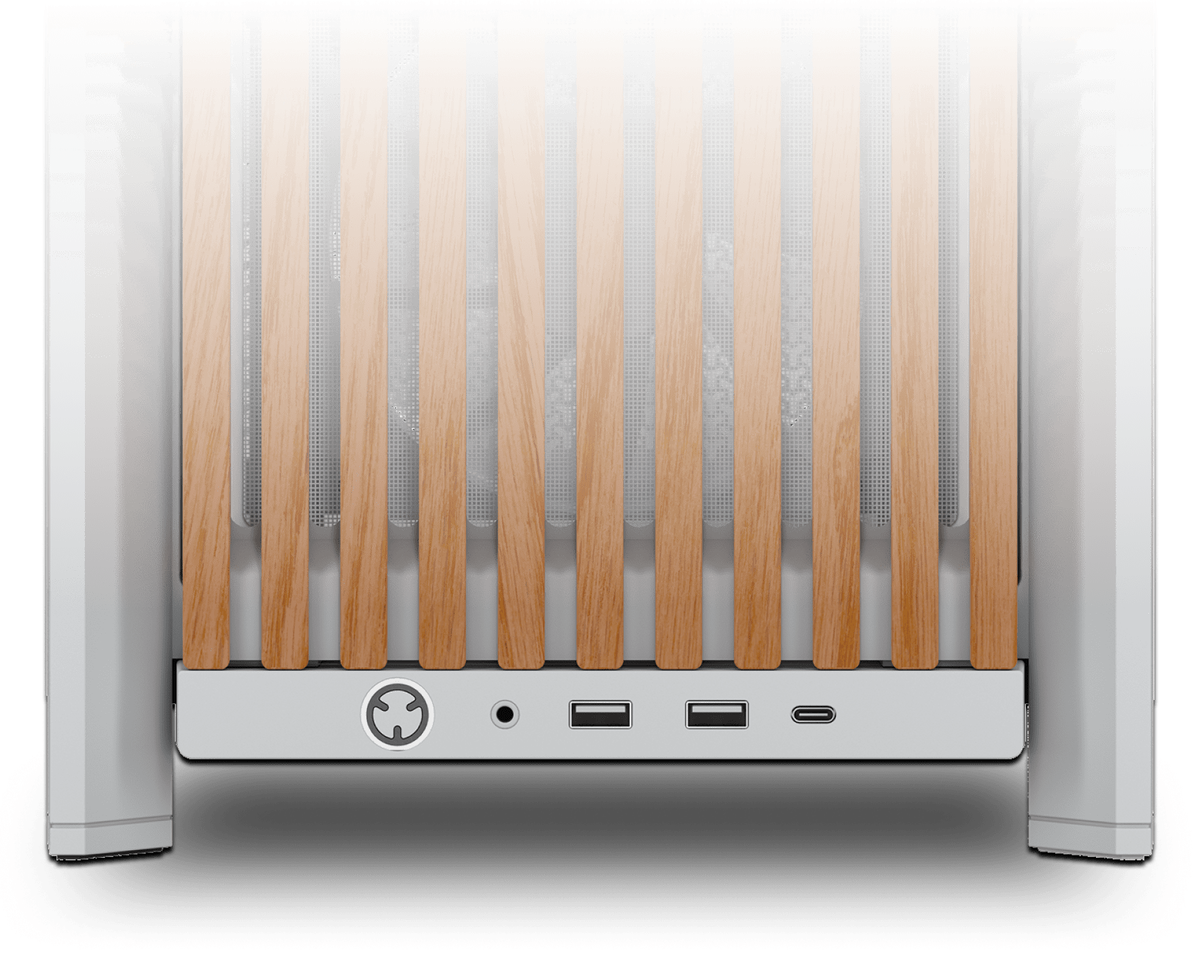 Front view of white/oak FRAME 4000D Wood RS showing ARGB power button, USB-A, USB-C, and audio front panel I/O
