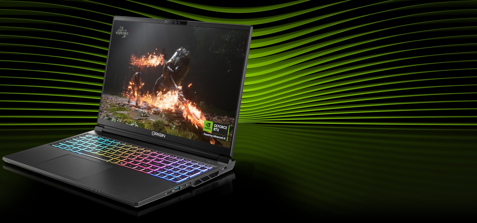 ORIGIN PC EON16-X gaming laptop with RGB keyboard, displaying Black Myth: Wukong against an NVIDIA GeForce RTX Advanced AI backdrop.