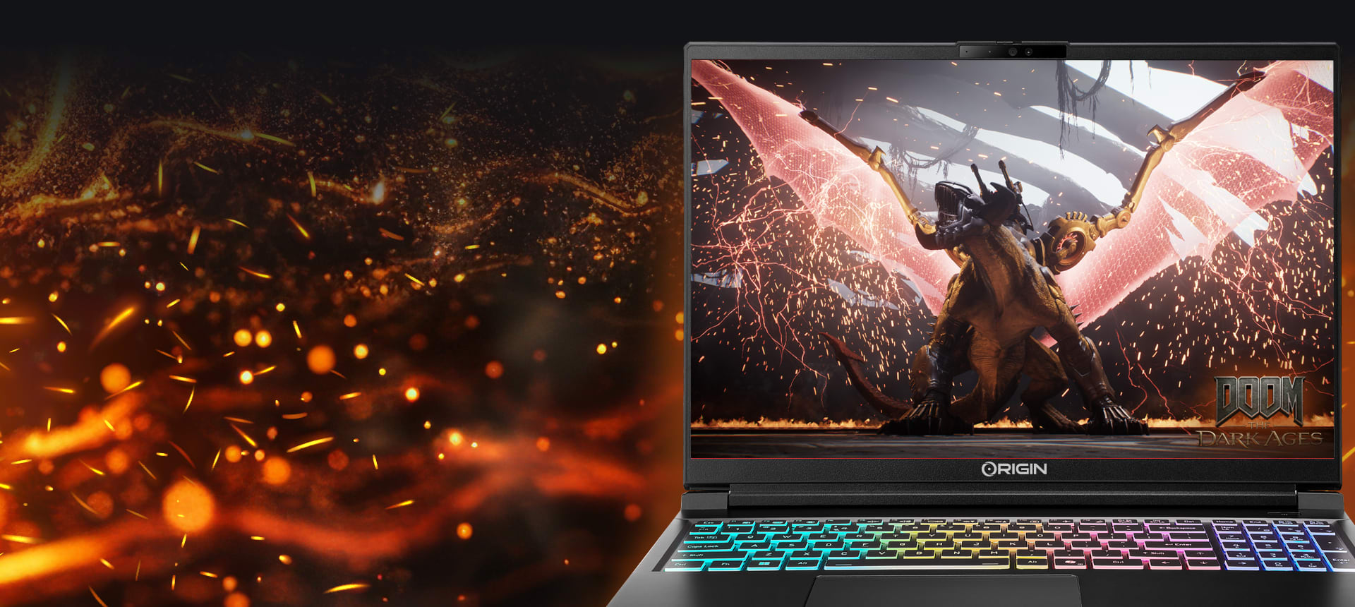 ORIGIN PC EON16-X gaming laptop displaying DOOM: The Dark Ages on screen, with RGB keyboard lighting against a dramatic fiery background.