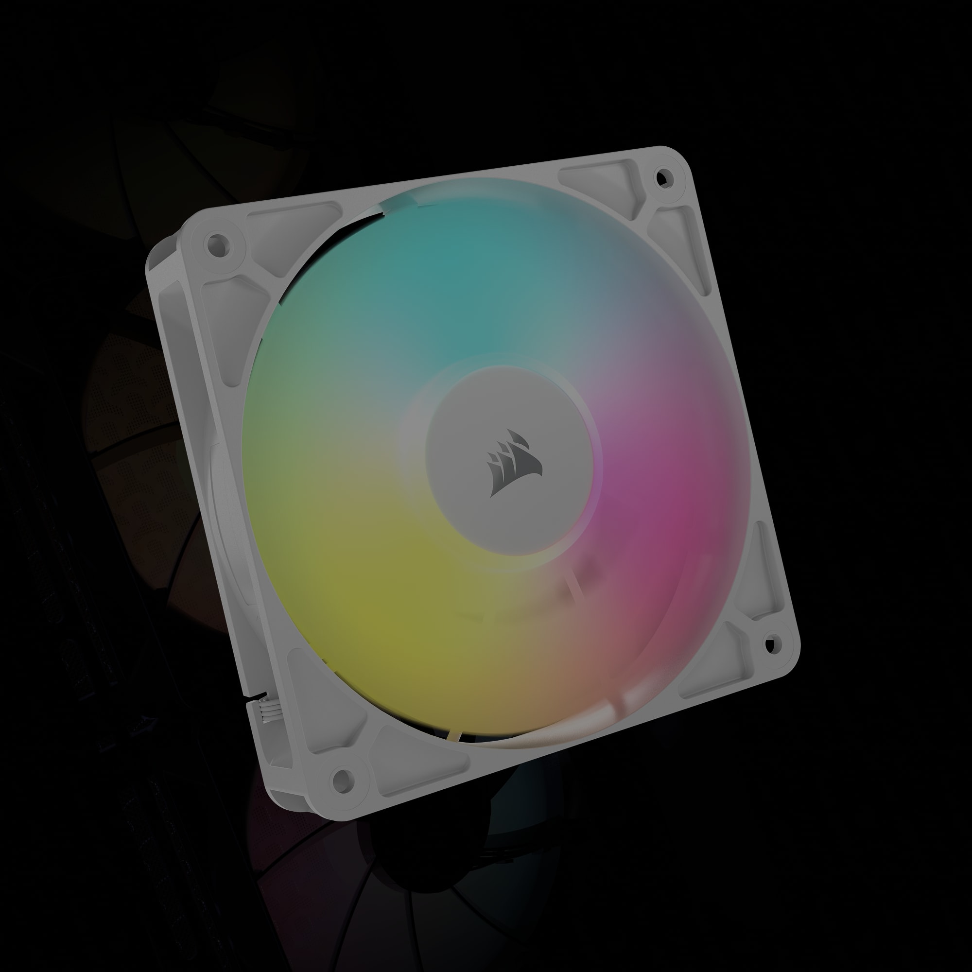 Four CORSAIR RS120 ARGB fans included with the FRAME 4000D LCD white case, shown in a product render.