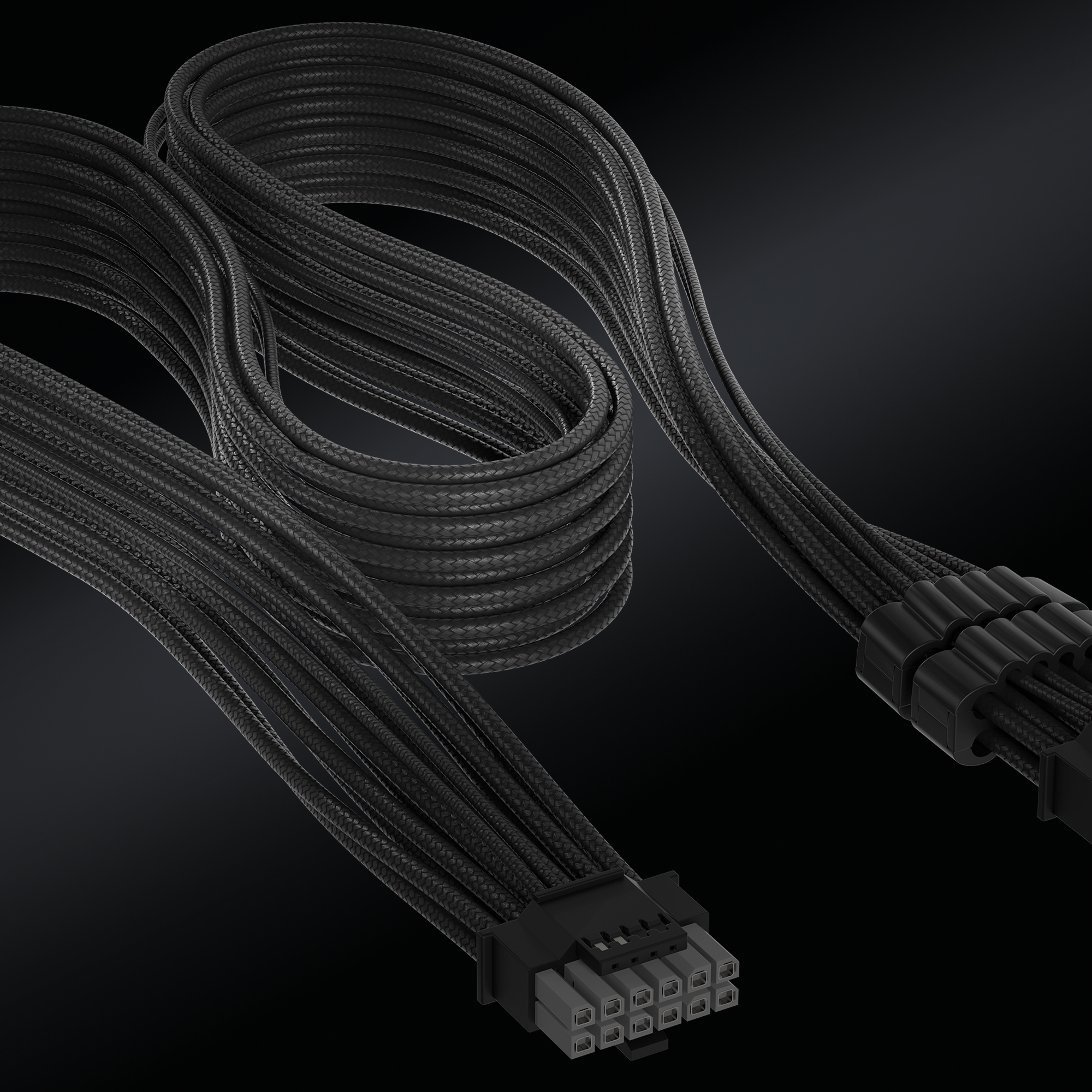 Close-up of a black sleeved CORSAIR PSU cable neatly coiled, with an 8-pin connector visible against a dark background.
