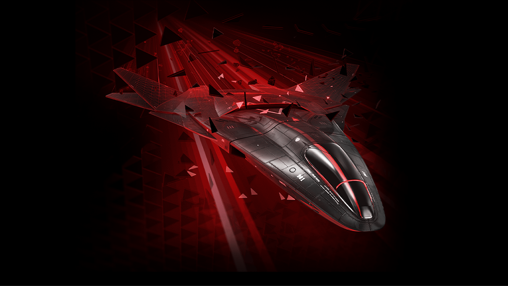 CORSAIR gaming mouse in a dramatic red-lit render with shattered geometric fragments, showcasing AMD AI-ready tech.