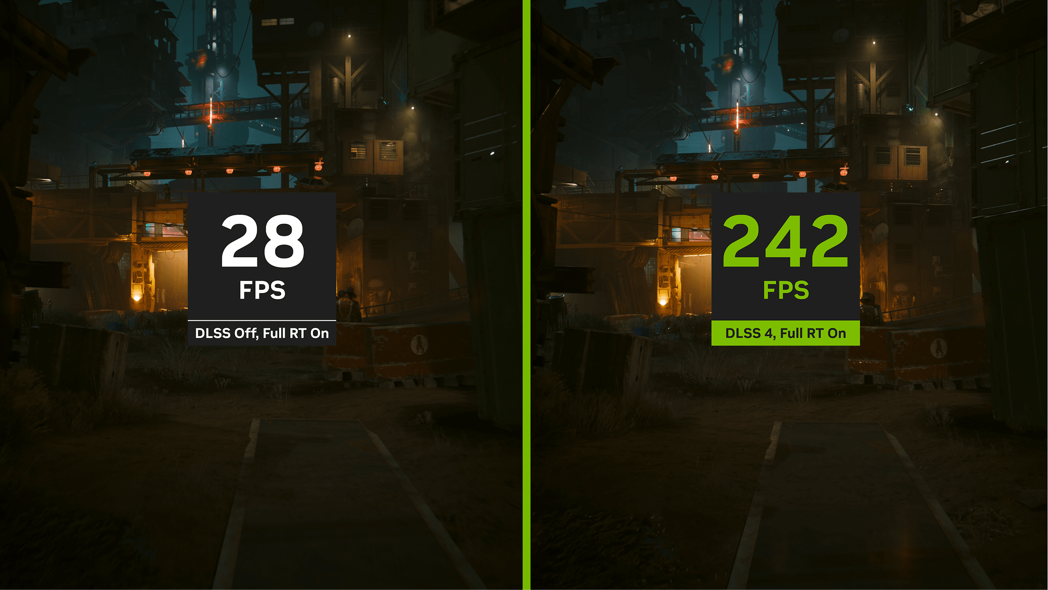 NVIDIA DLSS 4 Multi Frame Generation comparison showing 28 FPS without DLSS versus 242 FPS with DLSS 4.