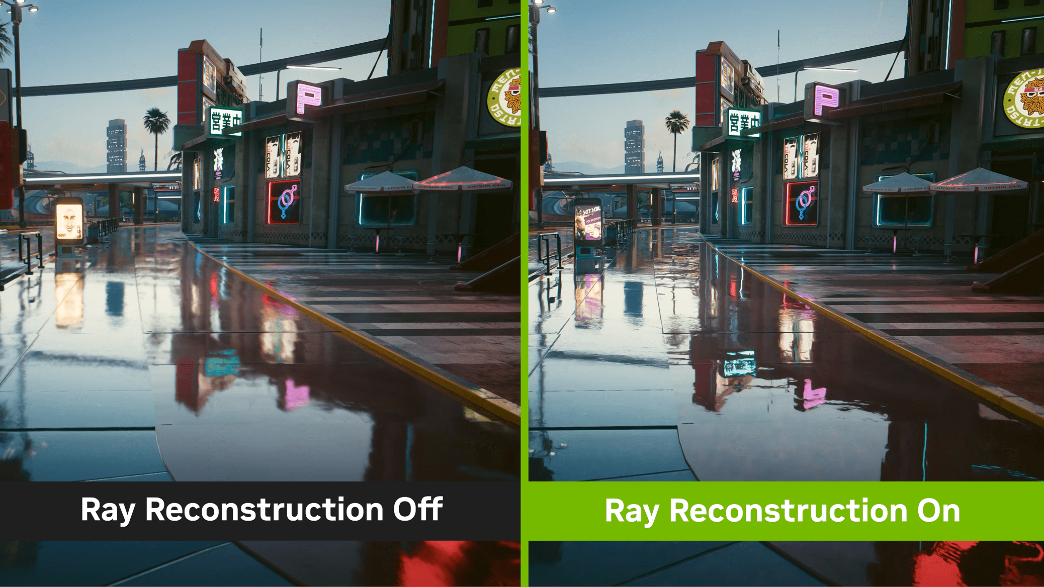 NVIDIA DLSS Ray Reconstruction comparison showing enhanced ray-traced reflections in a city street scene.