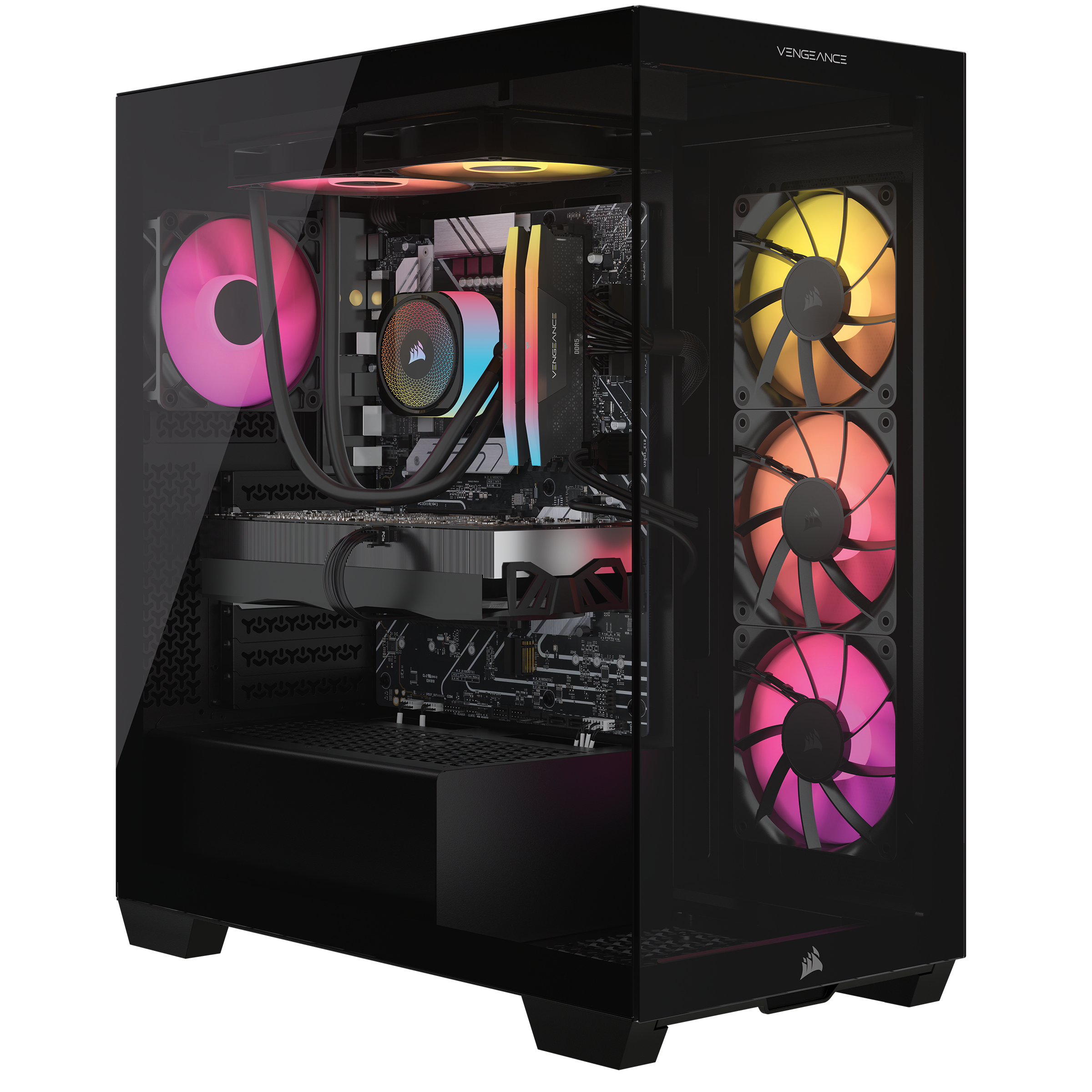 CORSAIR VENGEANCE a7500 gaming PC with tempered glass panel showcasing RGB liquid cooling and fans.